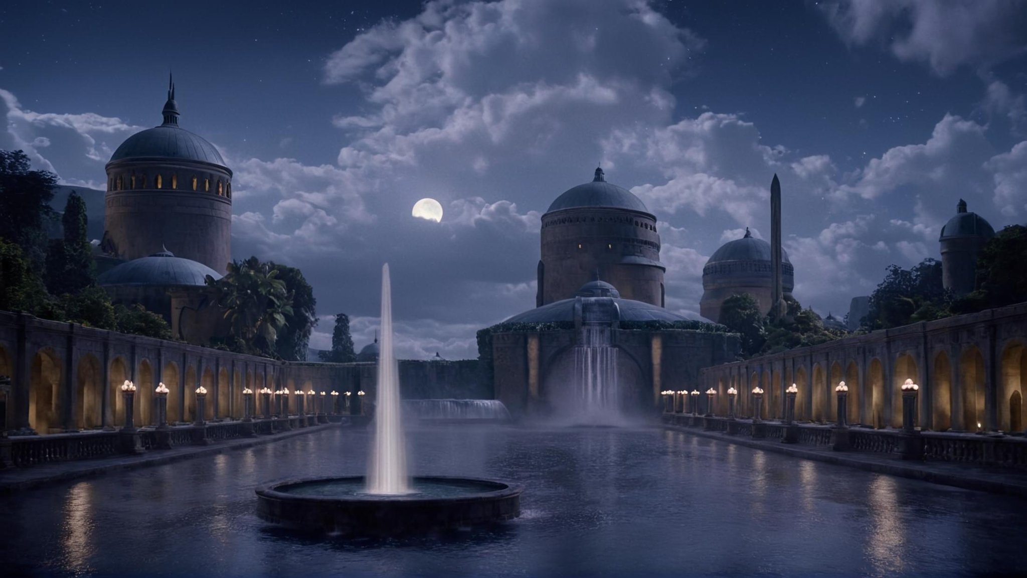 cinematic film still of detailed perfect Naboo a castle with a fountain in front of it,  in star wars style,  outdoors by...