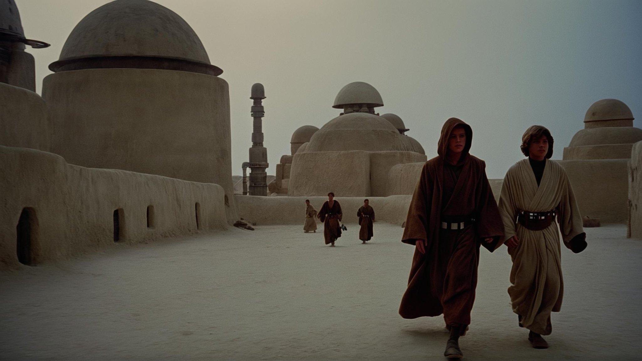 cinematic film still of detailed perfect Tatooine two people in brown robes walking in front of a building,  in star wars...