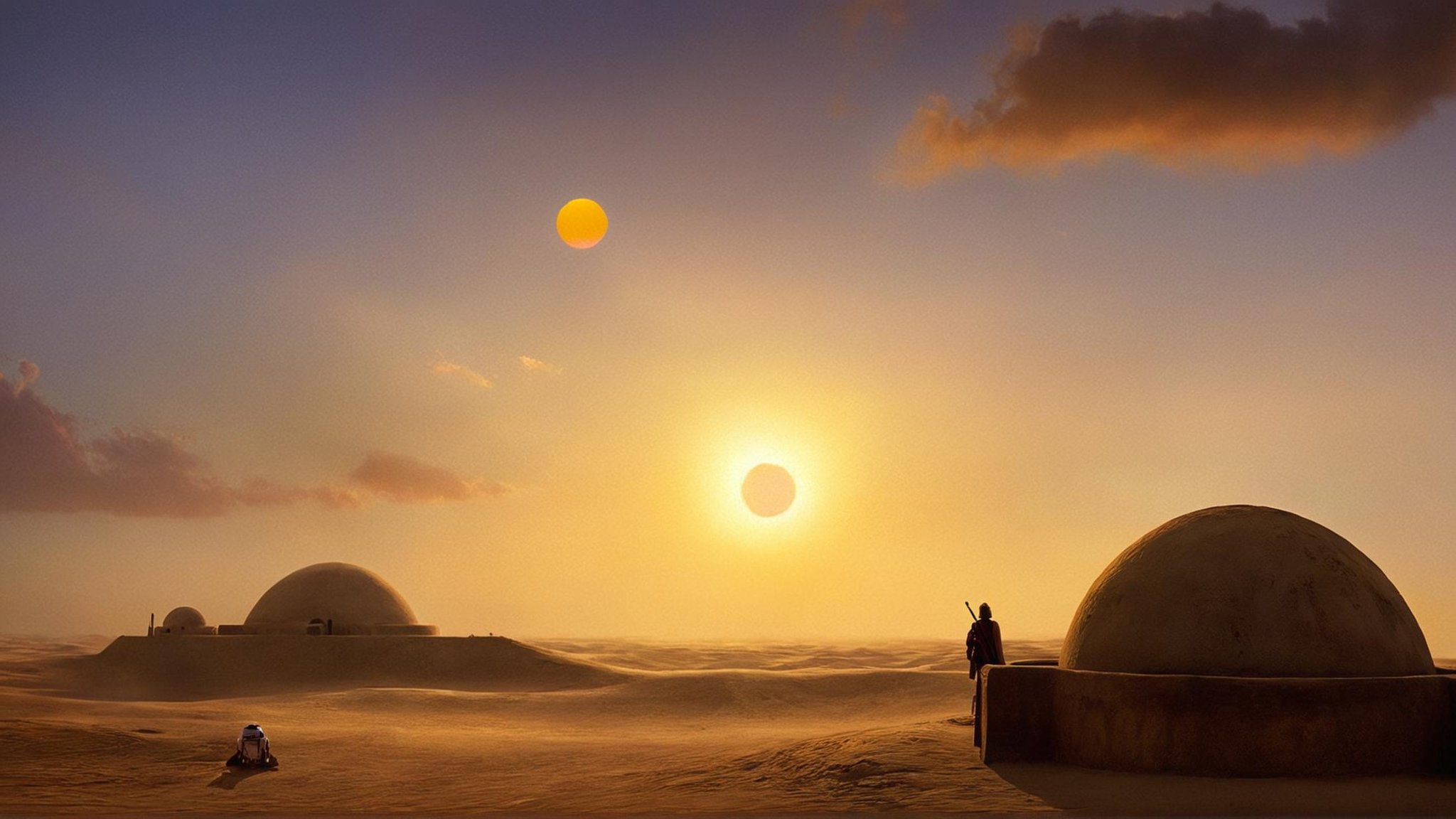 cinematic film still of detailed perfect Tatooine a painting of a sun and another sun in sky,  in star wars style,  hat by...