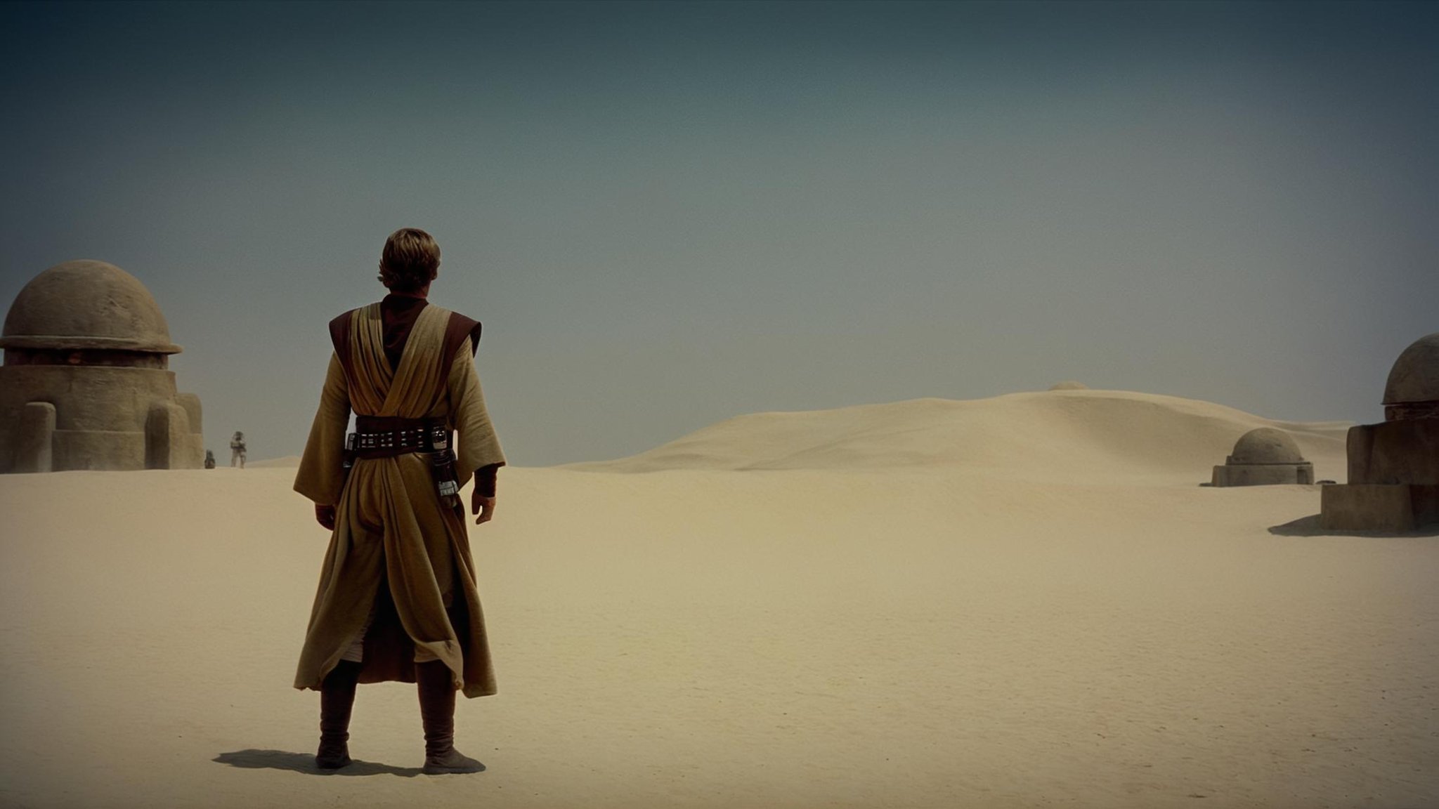cinematic film still of detailed perfect Tatooine a man standing in the middle of a desert,  in star wars style,  outdoors...