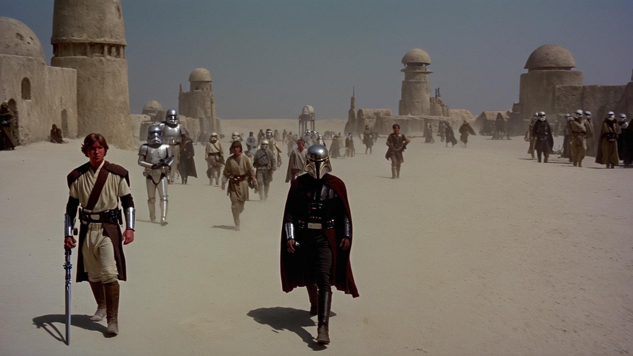 cinematic film still of detailed perfect Tatooine a man in a helmet and a cape walking through a desert,  in star wars sty...