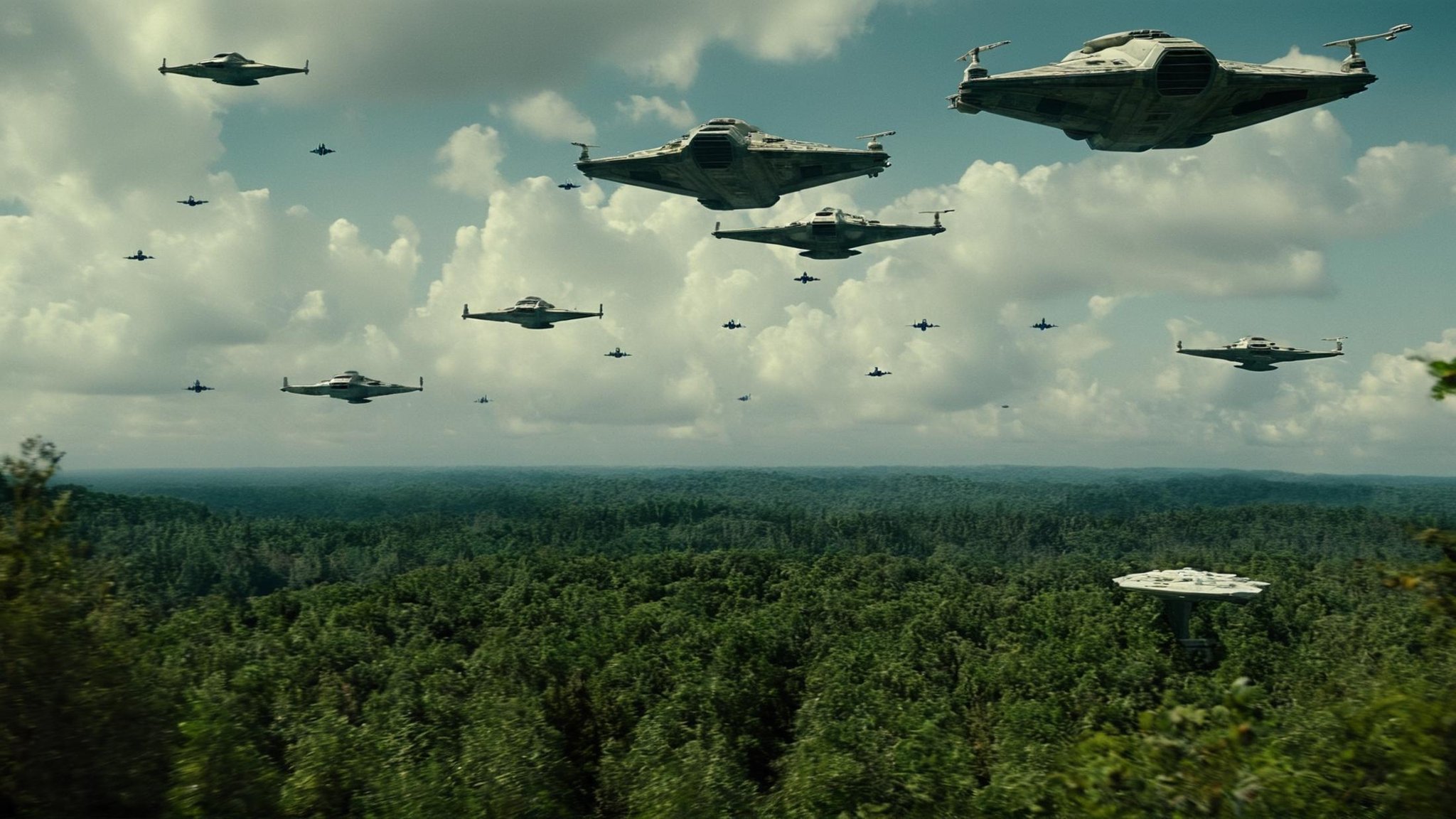 cinematic film still of detailed perfect Yavin 4 a group of spaceships flying over a forest,  in star wars style,  outdoor...