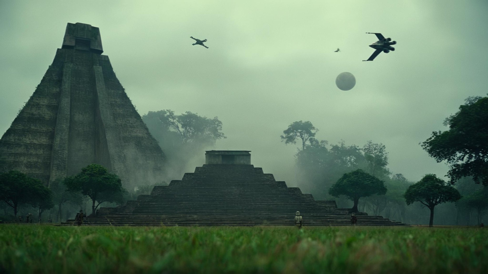cinematic film still of detailed perfect Yavin 4 a large building with a bird flying over it,  in star wars style,  outdoo...