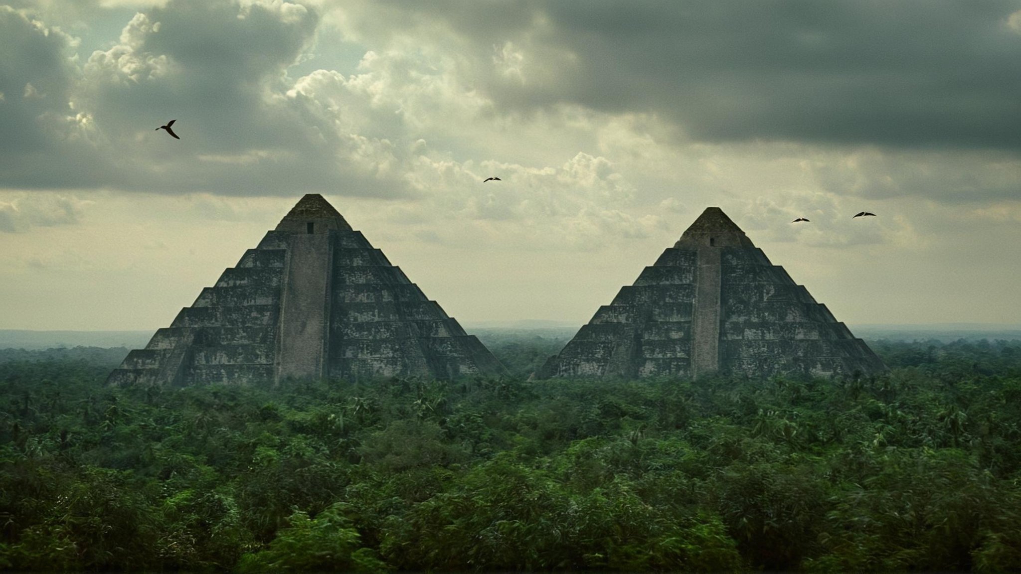 cinematic film still of detailed perfect Yavin 4 a group of pyramids in a forest,  in star wars style,  outdoors by EauDeN...