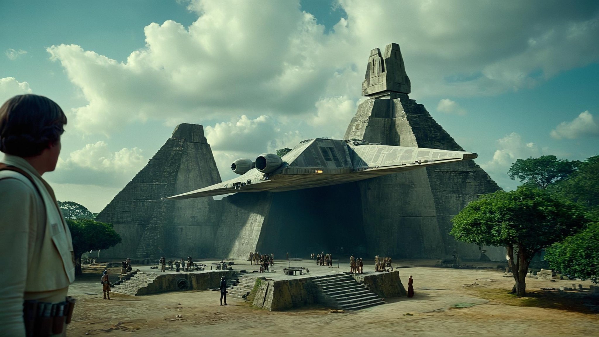 cinematic film still of detailed perfect Yavin 4 a large stone structure with a staircase and a ramp,  in star wars style,...