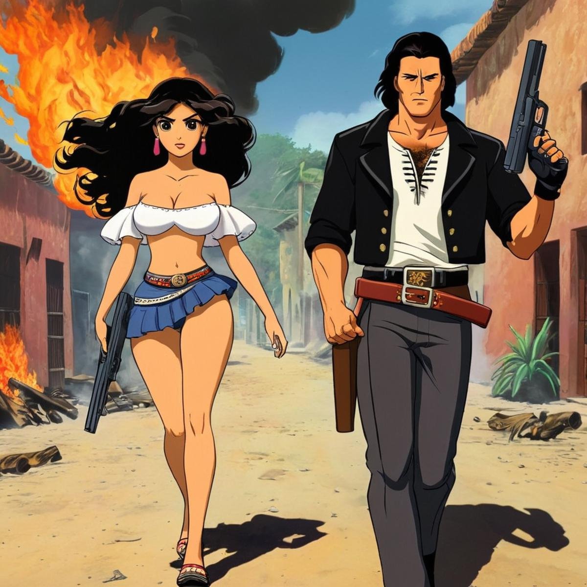 anime artwork of  <lora:perfection style:0.5> <lora:detailed:0.5> perfection detailed <lora:Rodriguez's Mexico Trilogy film style:1> In cartoonIn the United Mexican States "El Mariachi" and "Carolina" a man and a woman walking in front of a fire explosio,1girl,long hair,breasts,skirt,black hair,1boy,cleavage,weapon,gun,holding hands,handgun,realistic , cinematic, film, kodak, Rodriguez's Mexico Trilogy film style, anime style, key visual, vibrant, studio anime,  highly detailed