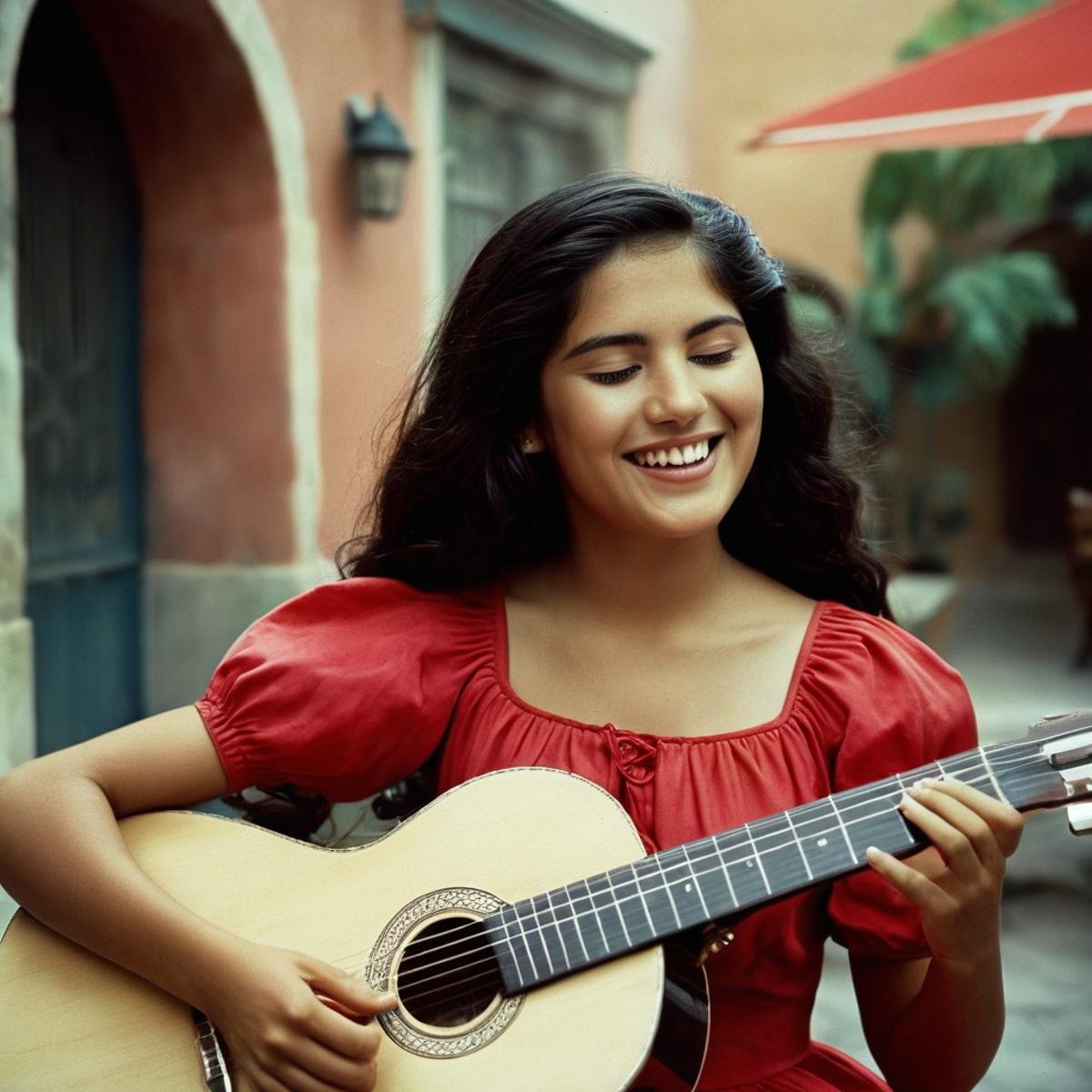 cinematic film still of  <lora:perfection style:0.5> <lora:detailed:0.5> perfection detailed <lora:Rodriguez's Mexico Trilogy film style:1>In the United Mexican States "El Mariachi" and "Carolina" a smilingman and woman are playing a guitar,1girl,long hair,smile,black hair,1boy,closed eyes,grin,instrument,realistic,music,guitar,playing instrument,holding instrument , cinematic, film, kodak, Rodriguez's Mexico Trilogy film style, shallow depth of field, vignette, highly detailed, high budget, bokeh, cinemascope, moody, epic, gorgeous, film grain, grainy