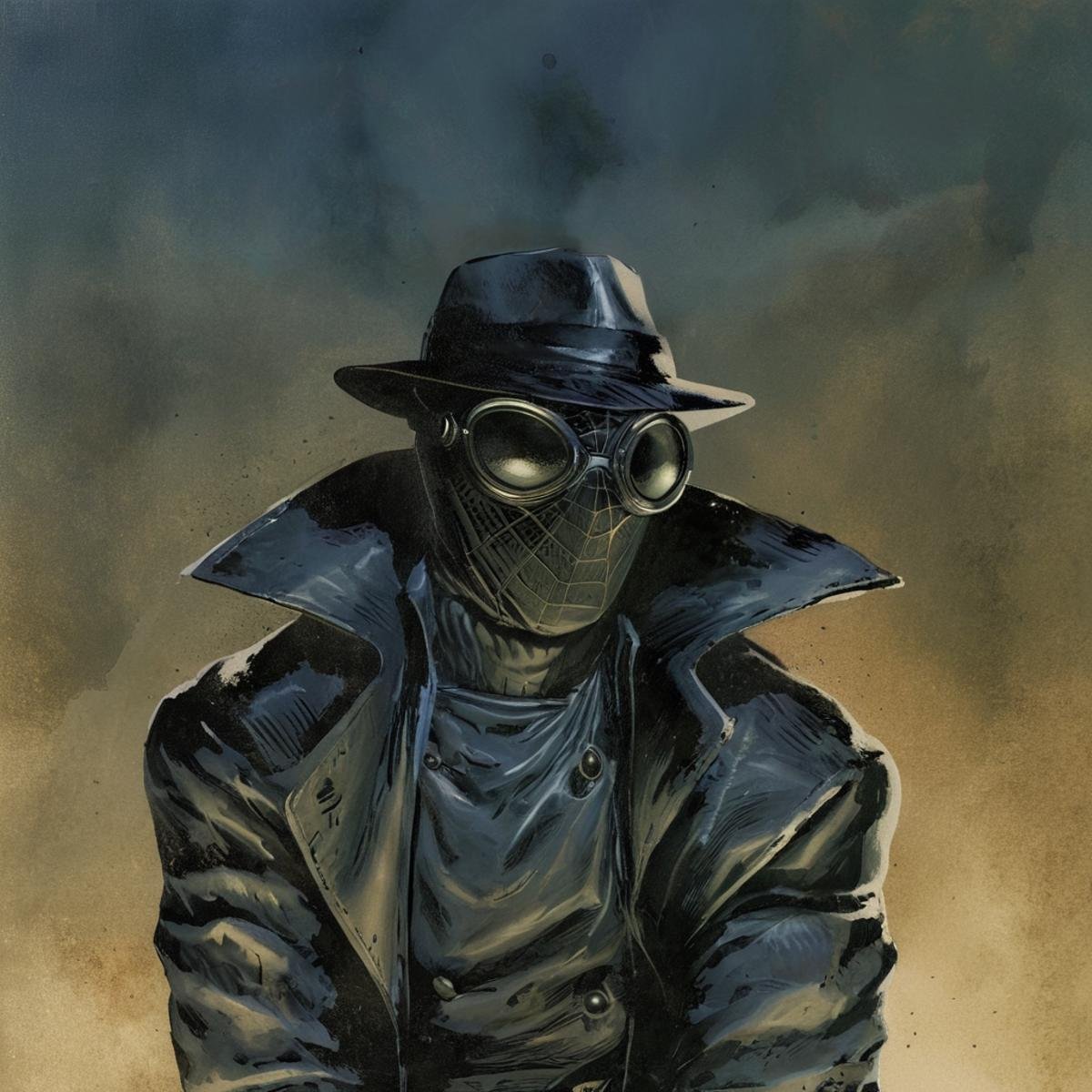 Classicism Art,  drawing stylea spider-man noir wearing a stealth black leather suit and tactical goggles comic book magaz...