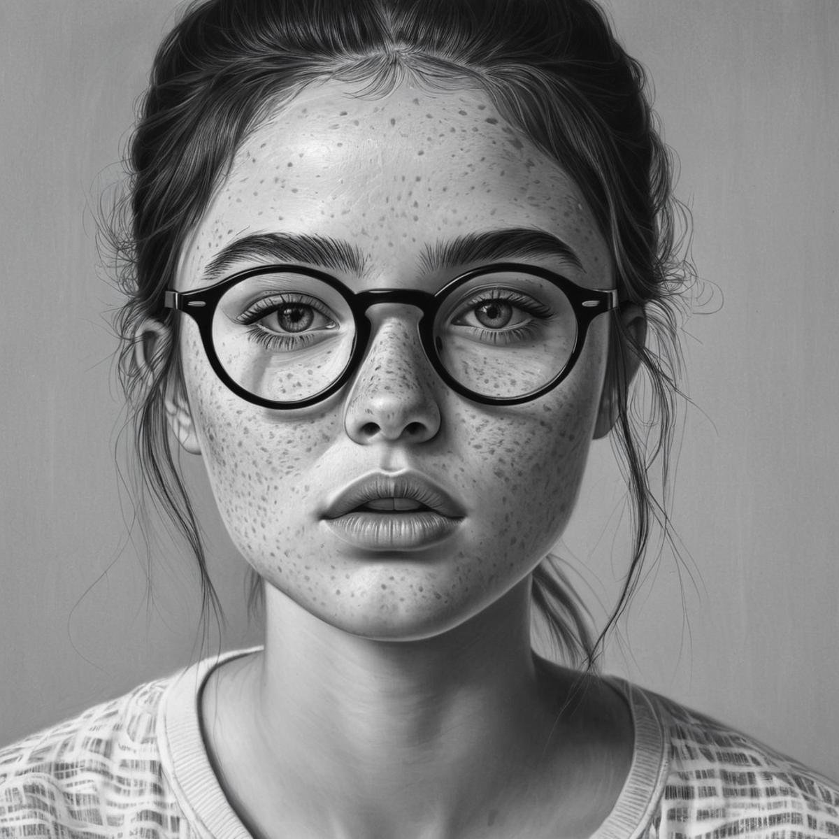 A drawing of a woman with glasses and freckles on her face,  1girl,  solo by EauDeNoire on Tensor.Art