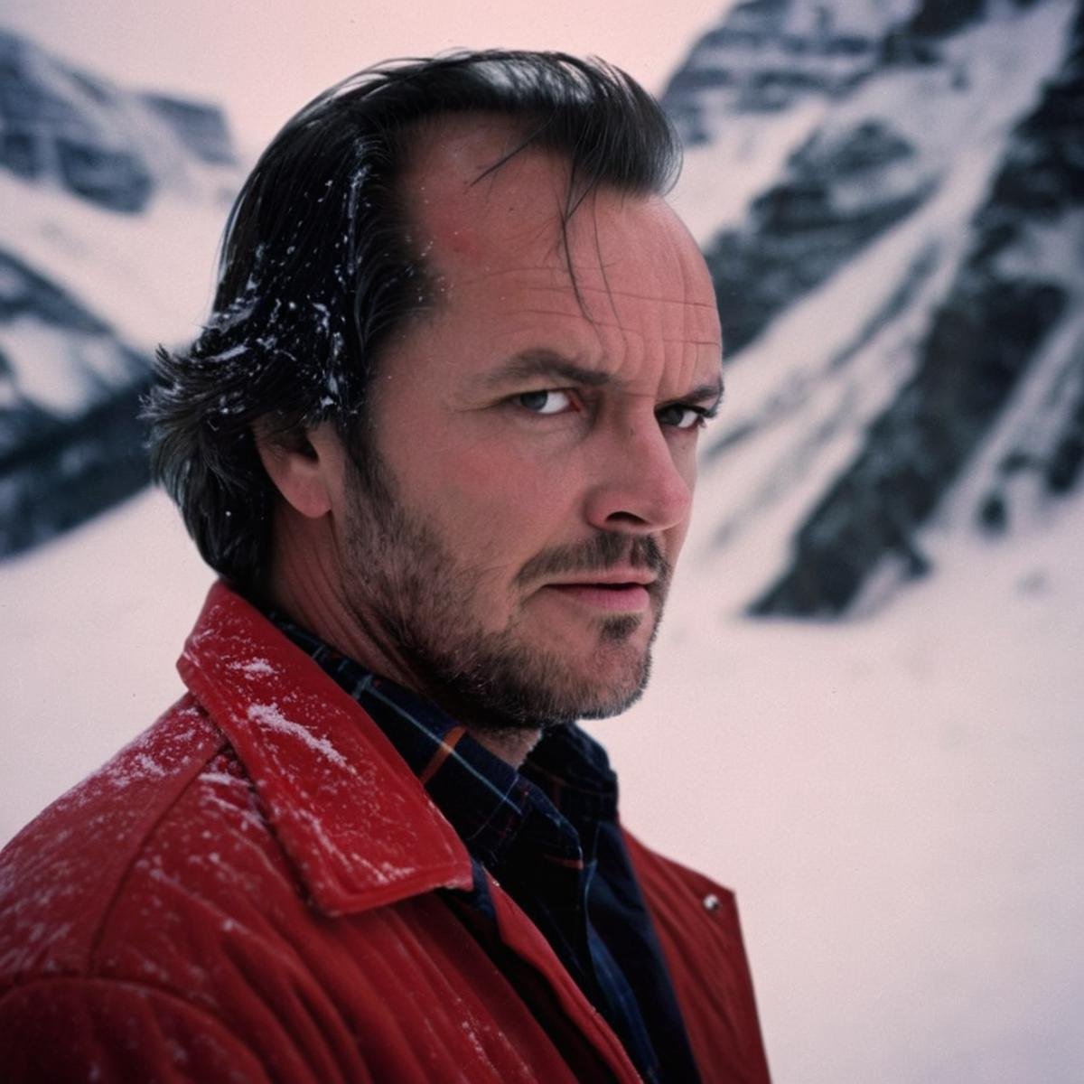 cinematic film still of perfection detailed Jack Torrance In the 1980's in the Colorado Rocky Mountains a worried man with...