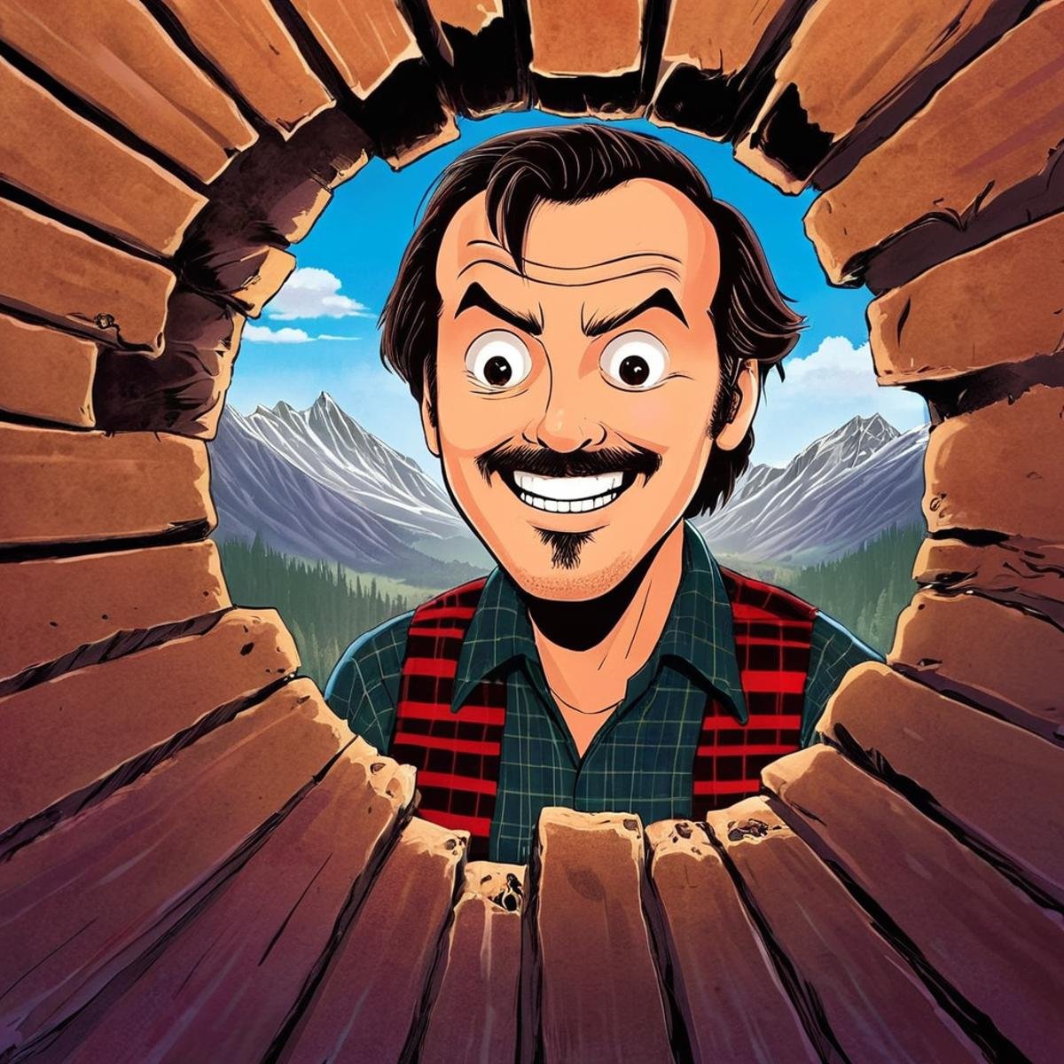 anime artwork of perfection detailed In cartoonJack Torrance In the 1980's in the Colorado Rocky Mountains a creepy smilin...