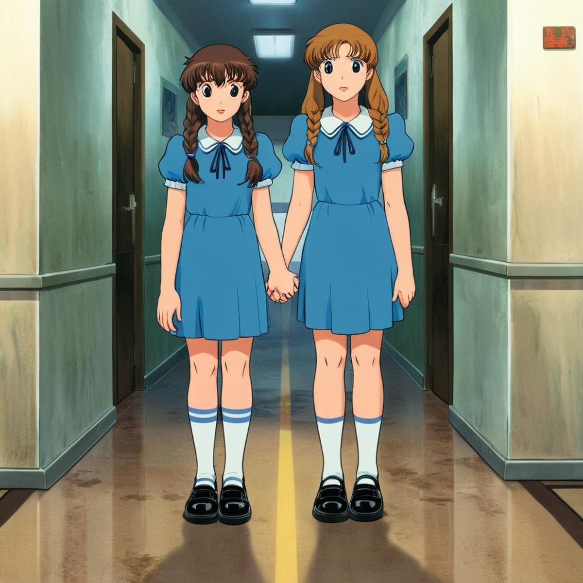 anime artwork of perfection detailed In cartoonIn the 1980's in the Colorado Rocky Mountains two twin sisters in dresses s...
