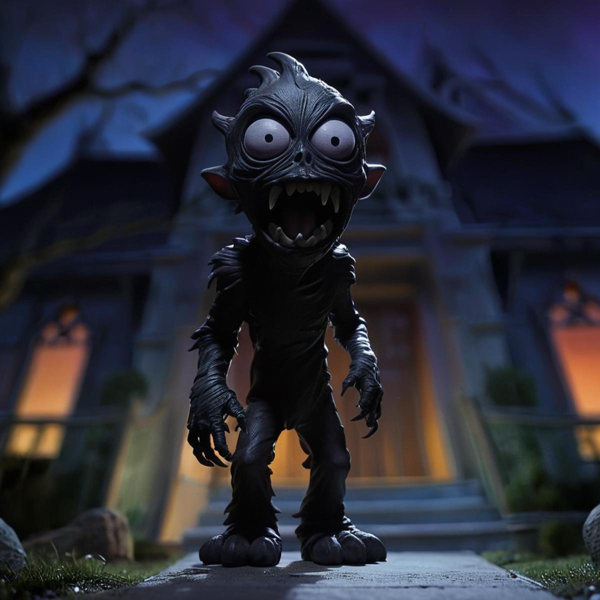 Gothic style,  0 In a fictional dark fantasy world a cartoon clay monster standing in front of a house,  solo by EauDeNoir...