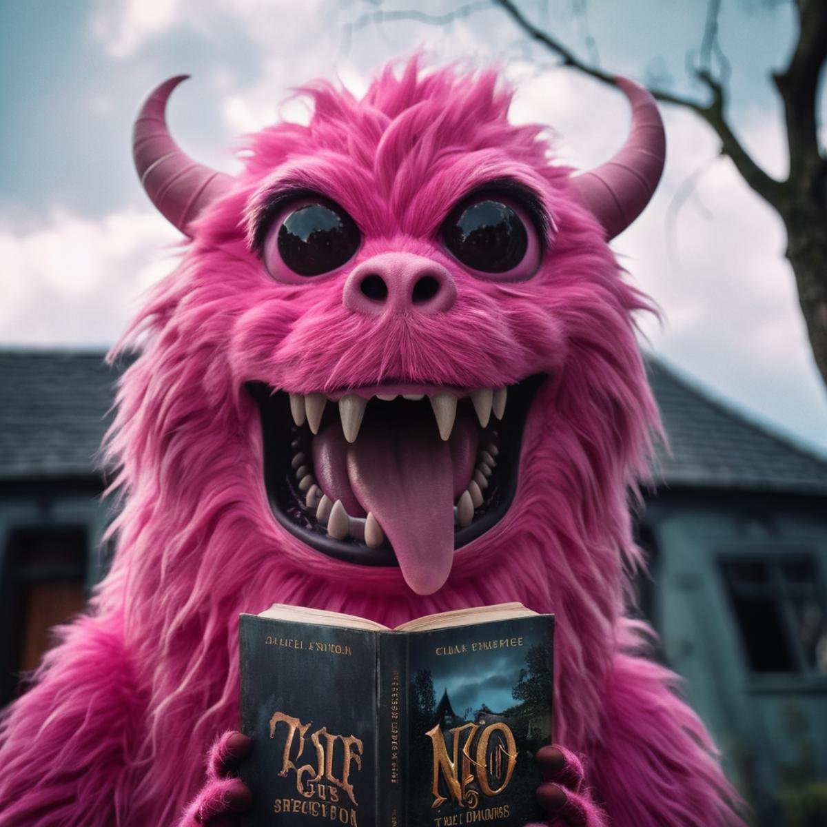 cinematic film still of 0 In a fictional dark fantasy world a book cover with a giant pink monster with tongue sticking ou...