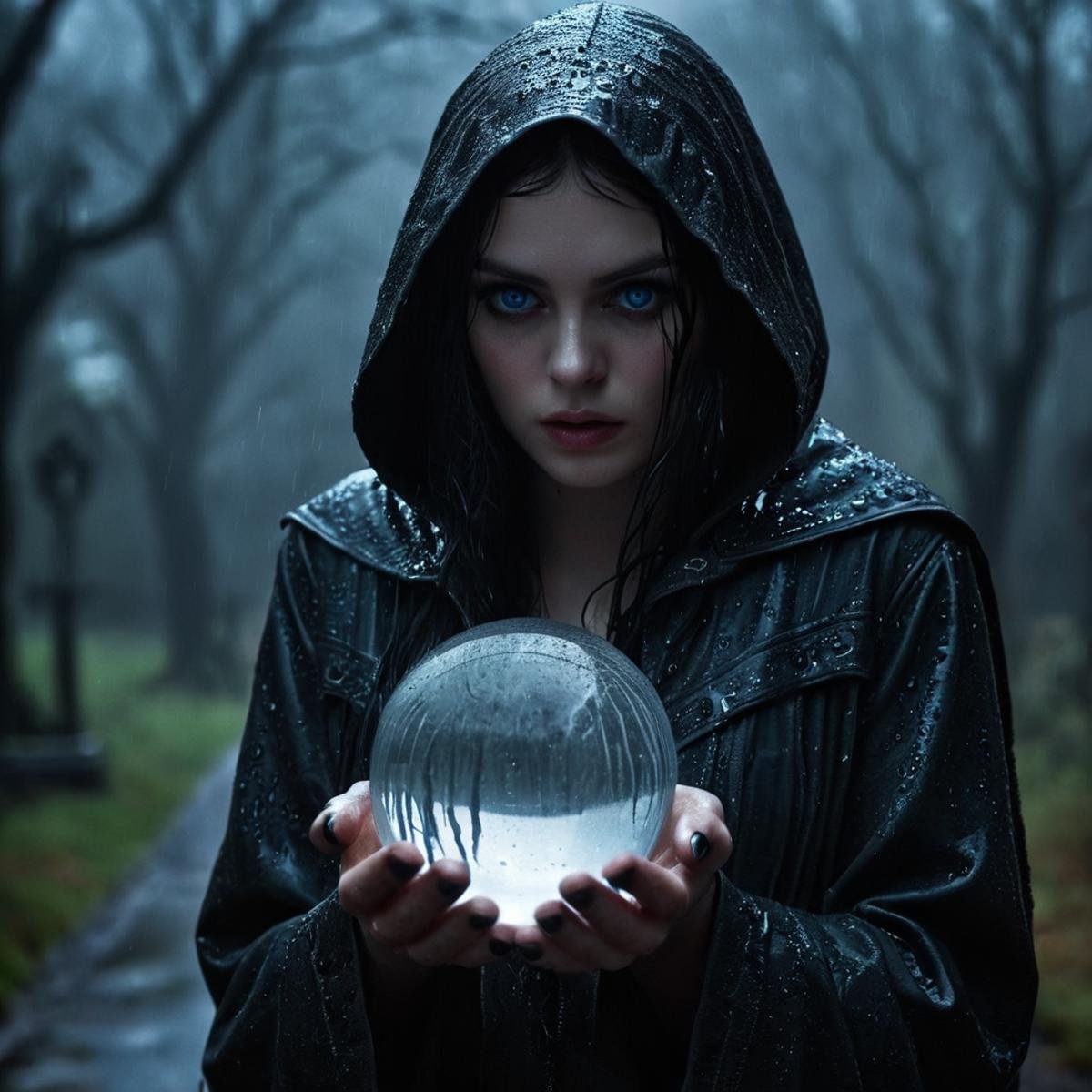 Horror-themed,  0 In a fictional dark fantasy world a wicked[wet woman holding a crystal ball in her hands in heavy rain i...