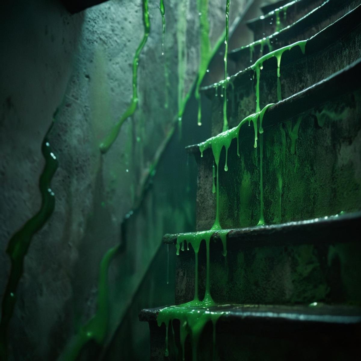 cinematic film still of 0 In a fictional dark fantasy world a green liquid dripping down a wall stairs,  solo,  full body...