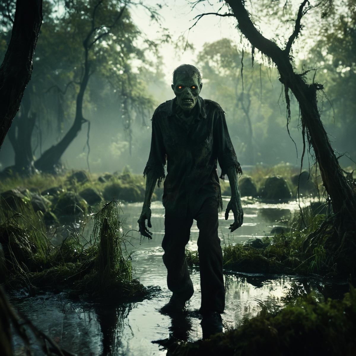 cinematic film still of 0 In a fictional dark fantasy world a painting of a zombie walking through a swamp,  standing,  ou...