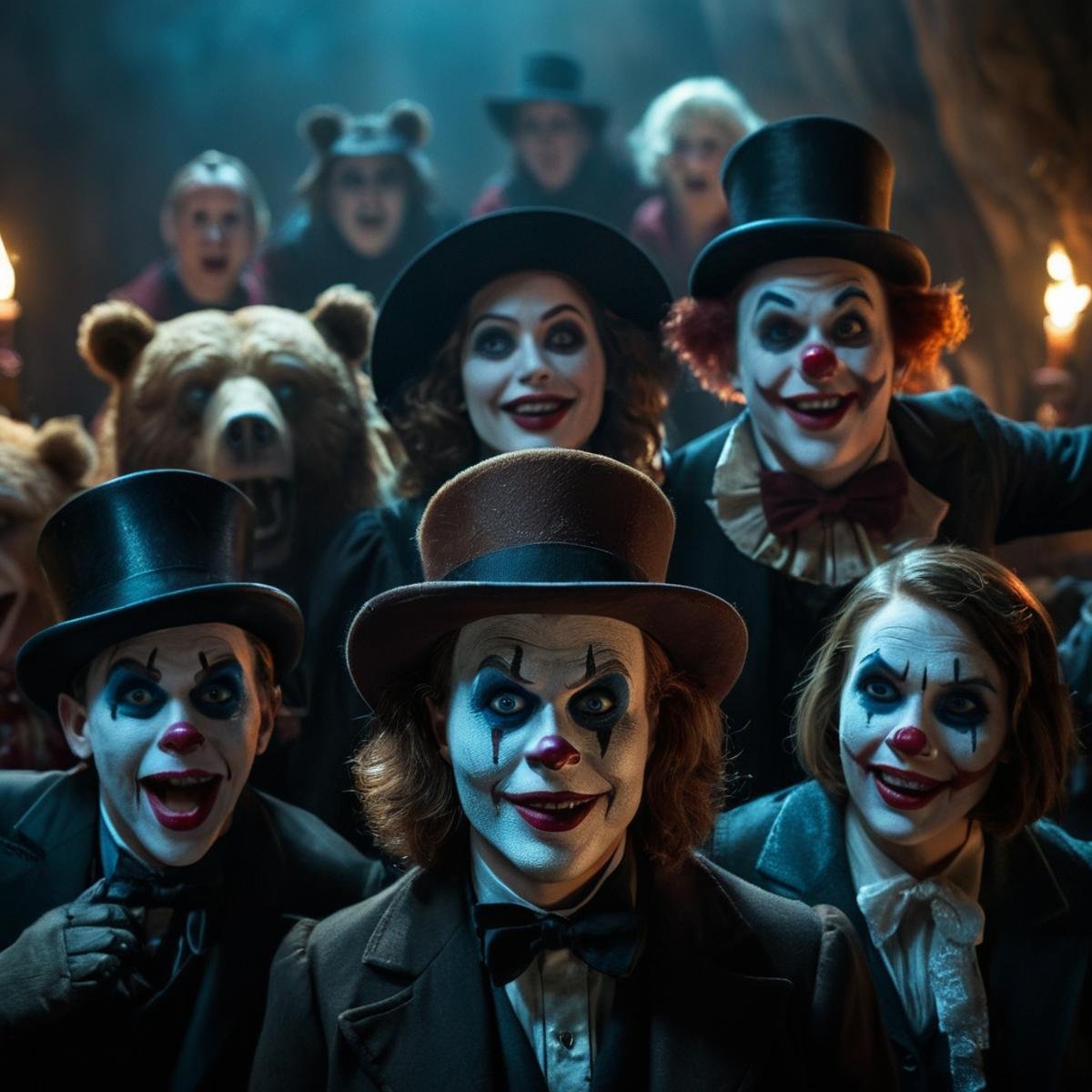 cinematic film still of 0 In a fictional dark fantasy world a painting of a group of monsters with different faces,  looki...