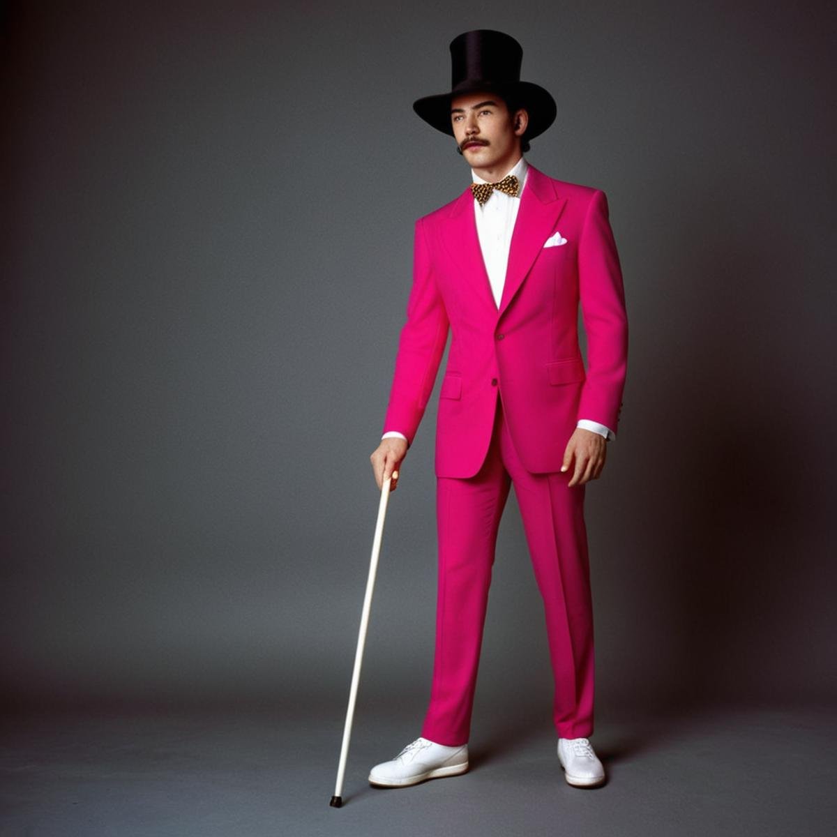 cinematic film still of 1 realism Chiaroscuro Lighting Style In a fantasy world a man in a pink suit and hat holding a can...