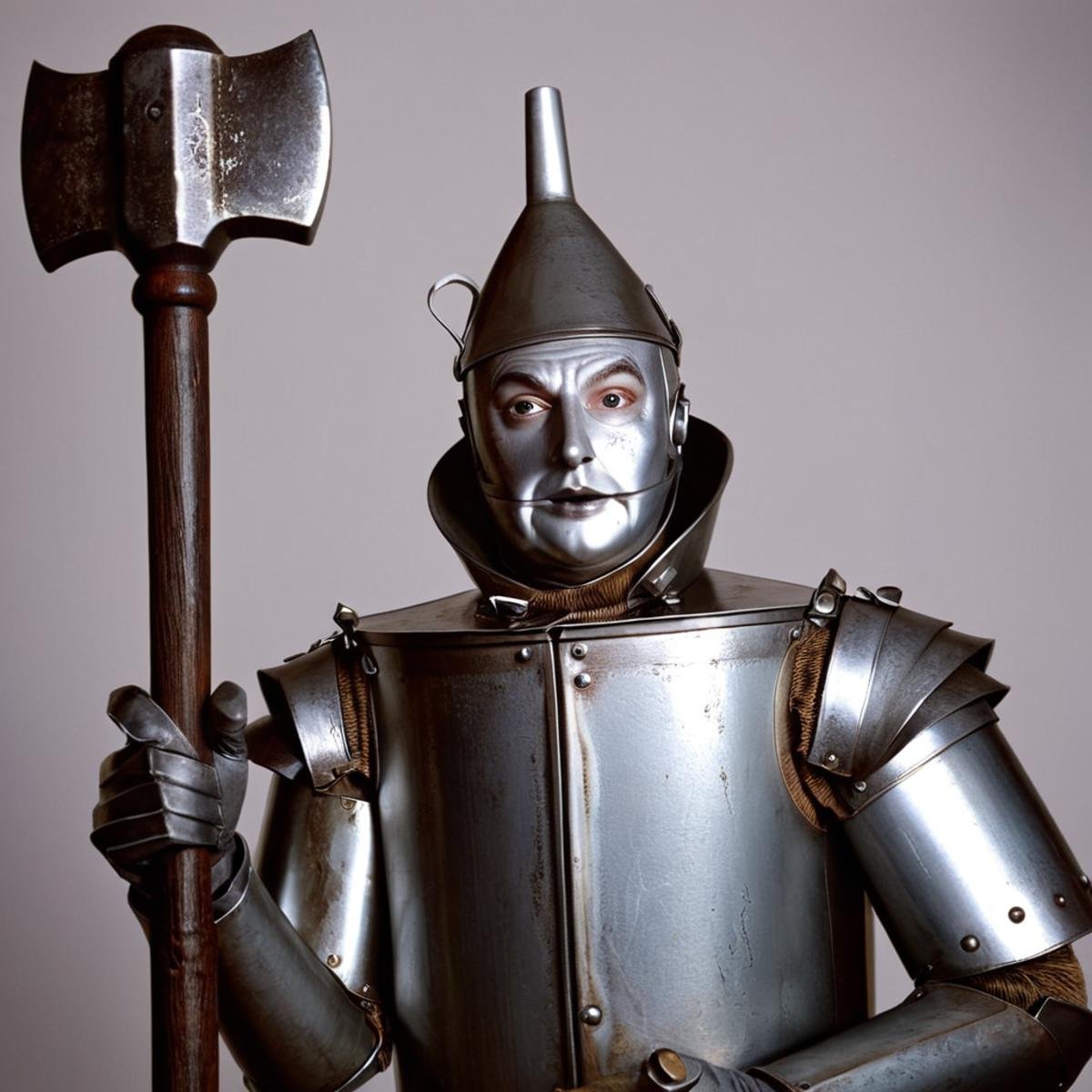 cinematic film still of 1 realism Chiaroscuro Lighting Style In a fantasy world Tin Man a man in a tin man suit holding a...