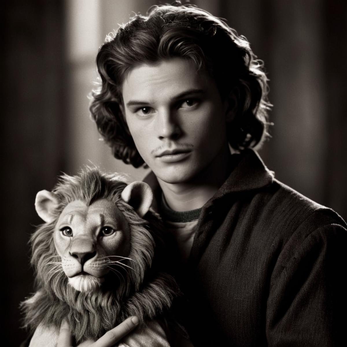 cinematic film still of 1 realism Chiaroscuro Lighting Style In a fantasy world Lion a man dressed as a lion holding a stu...
