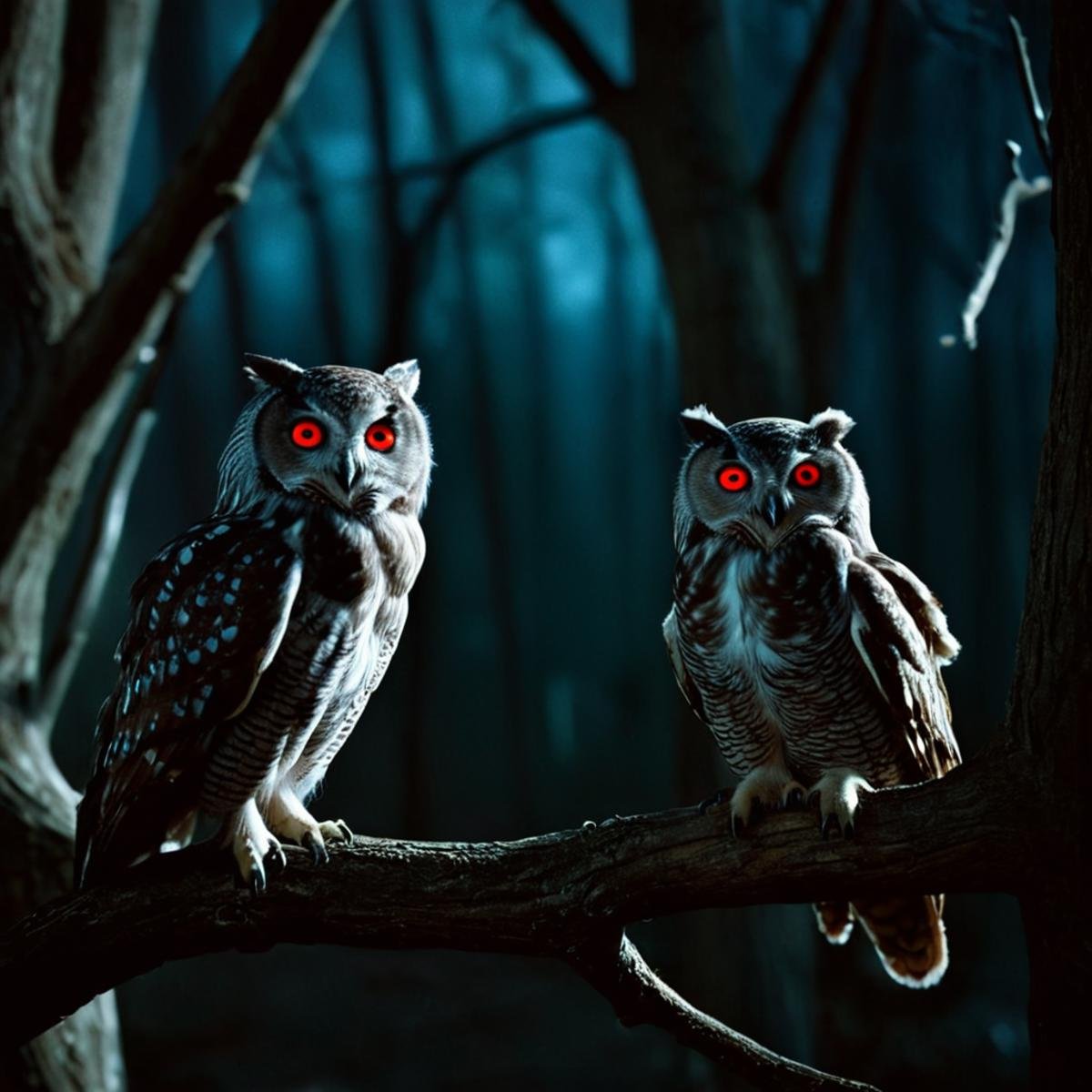 cinematic film still of 1 realism Chiaroscuro Lighting Style In a fantasy world two owls sitting on a tree branch with red...