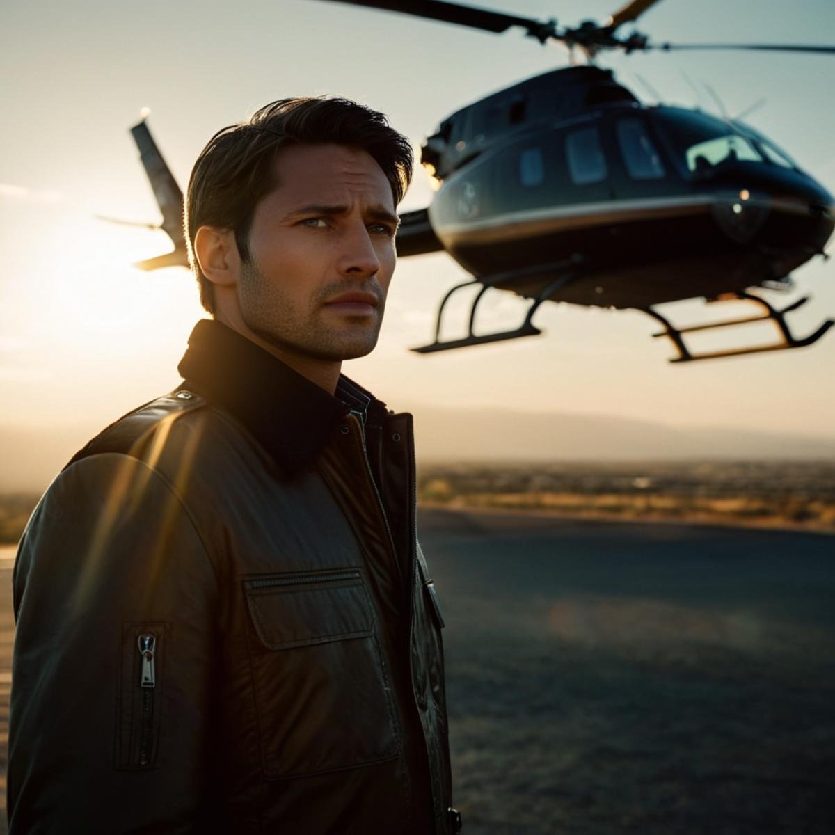 cinematic film still of 1 lens flare reflection a man standing in front of a helicopter,  solo,  black hair by EauDeNoire...