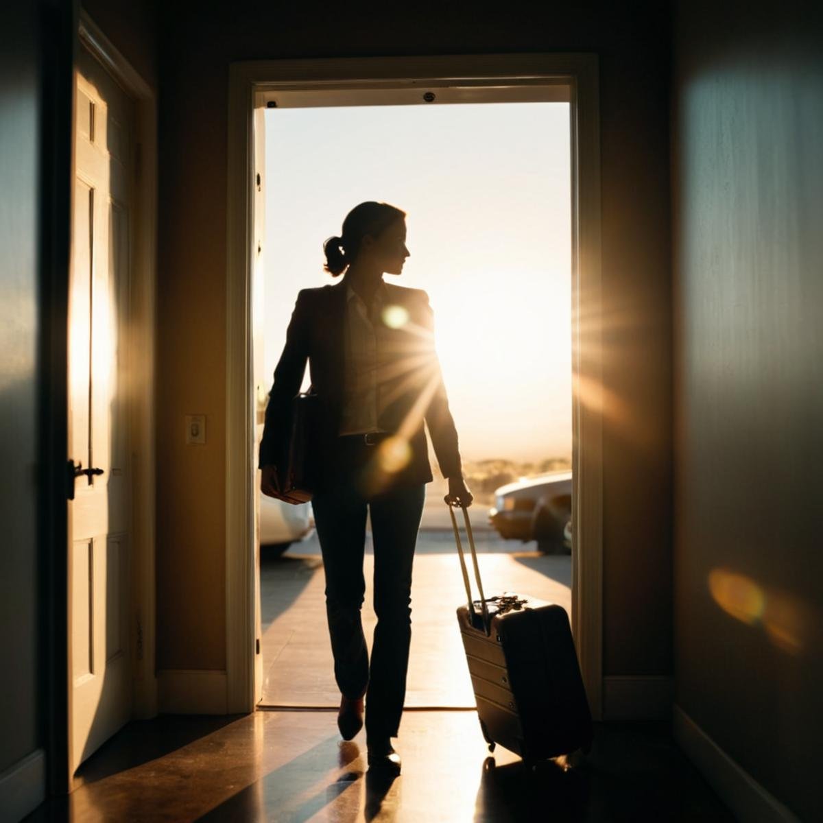 cinematic film still of 1 lens flare reflection a woman standing in a doorway with a suitcase,  1boy,  standing by EauDeNo...