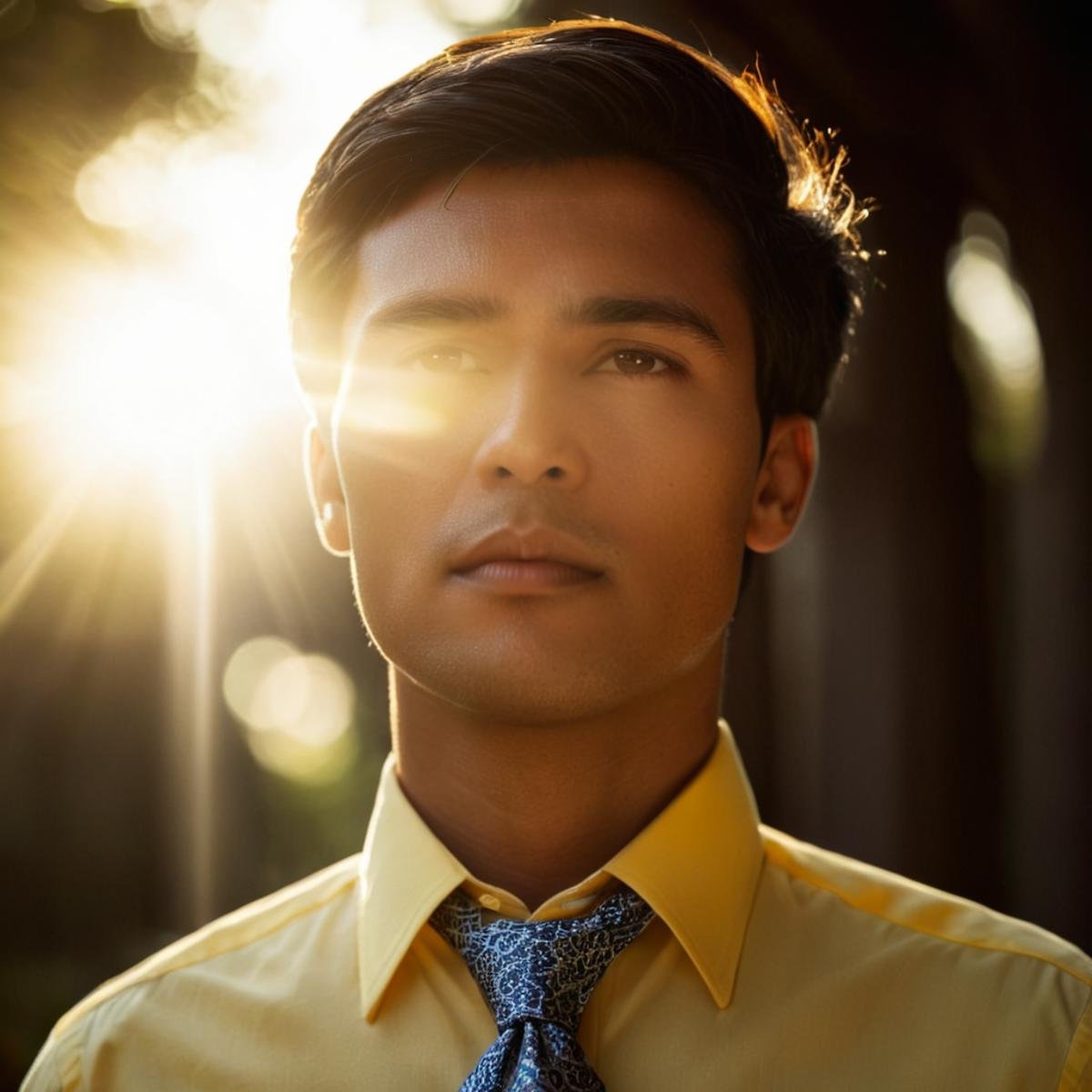 cinematic film still of 1 lens flare reflection a man with a tie and a yellow shirt,  solo,  short hair by EauDeNoire on T...