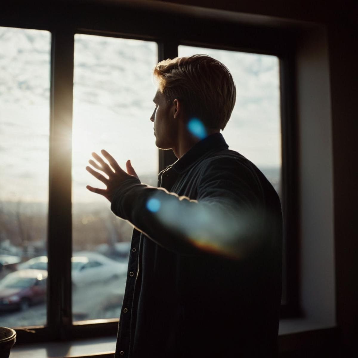 cinematic film still of 1 lens flare reflection a man standing in front of a window with his hand up,  solo,  short hair b...