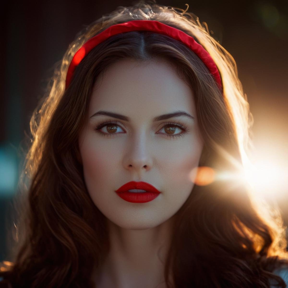 cinematic film still of 1 lens flare reflection a woman with red eyes and a red lip,  1girl,  solo by EauDeNoire on Tensor...