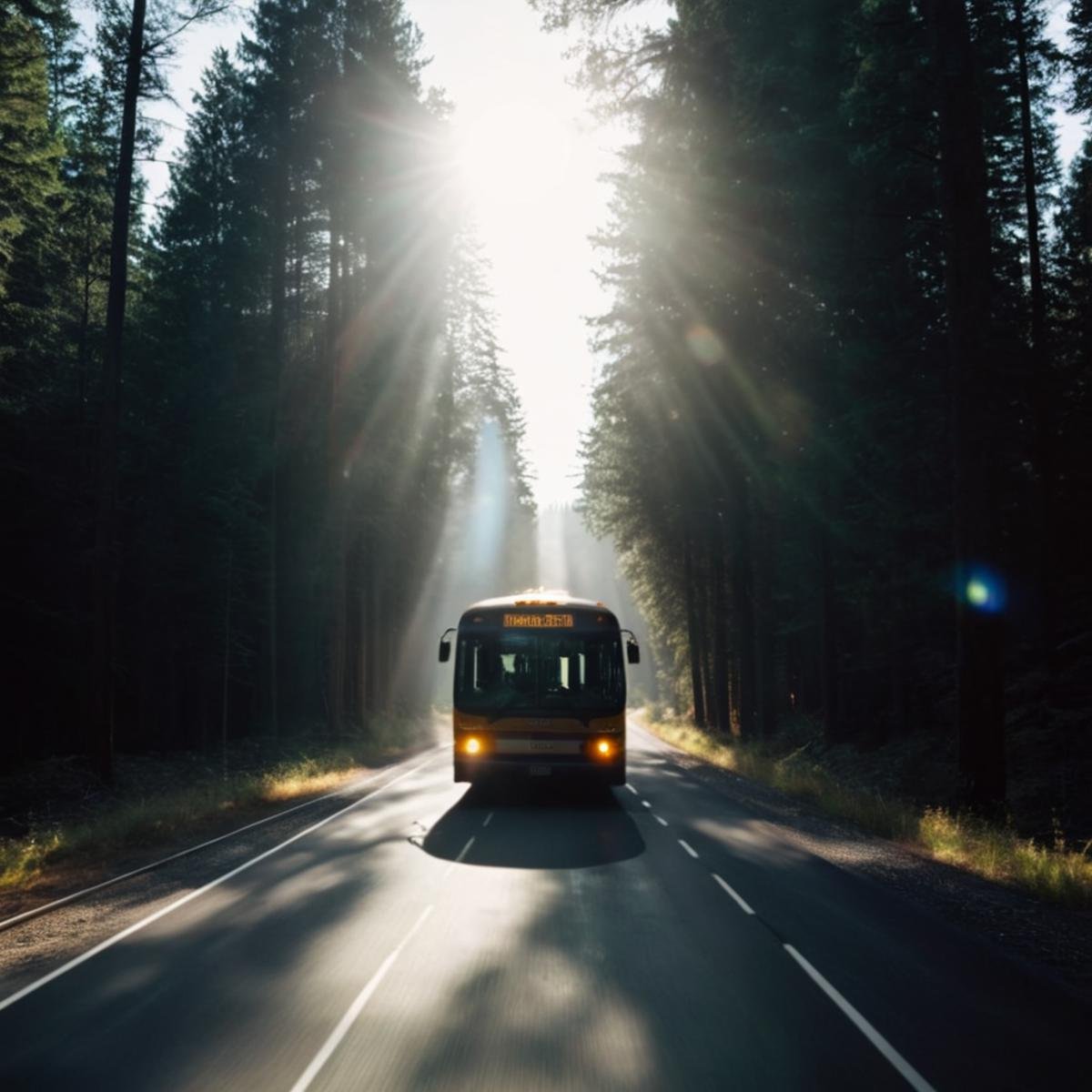 cinematic film still of 1 lens flare reflection a bus driving down a road next to a forest,  outdoors,  tree by EauDeNoire...