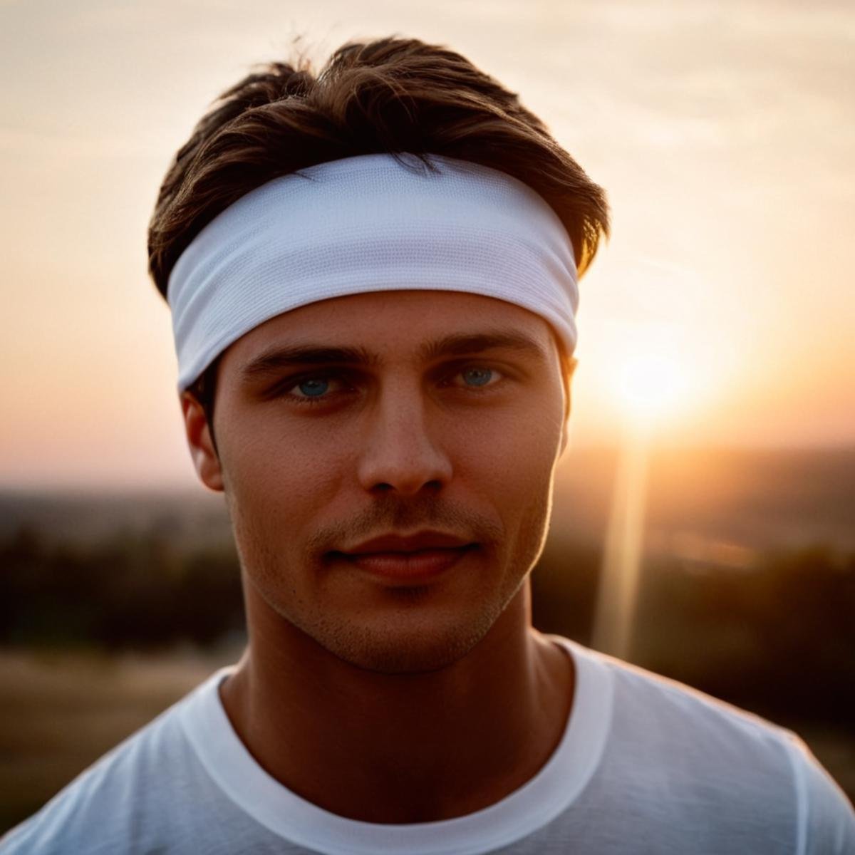 cinematic film still of 1 lens flare reflection a man with a white headband and a white shirt,  solo,  looking at viewer b...