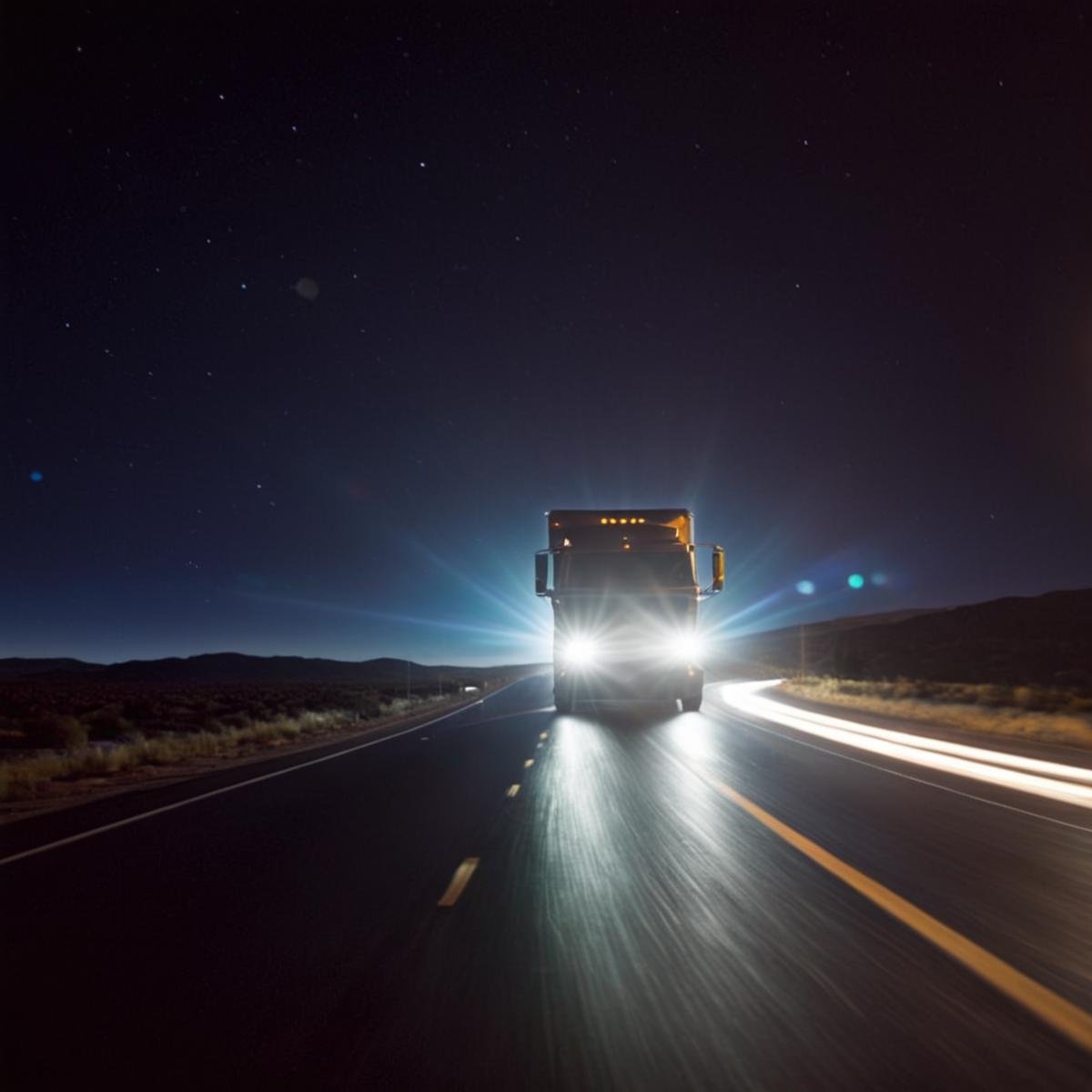 cinematic film still of 1 Anamorphic lens flare reflection a truck driving down a road at night,  no humans,  ground vehic...