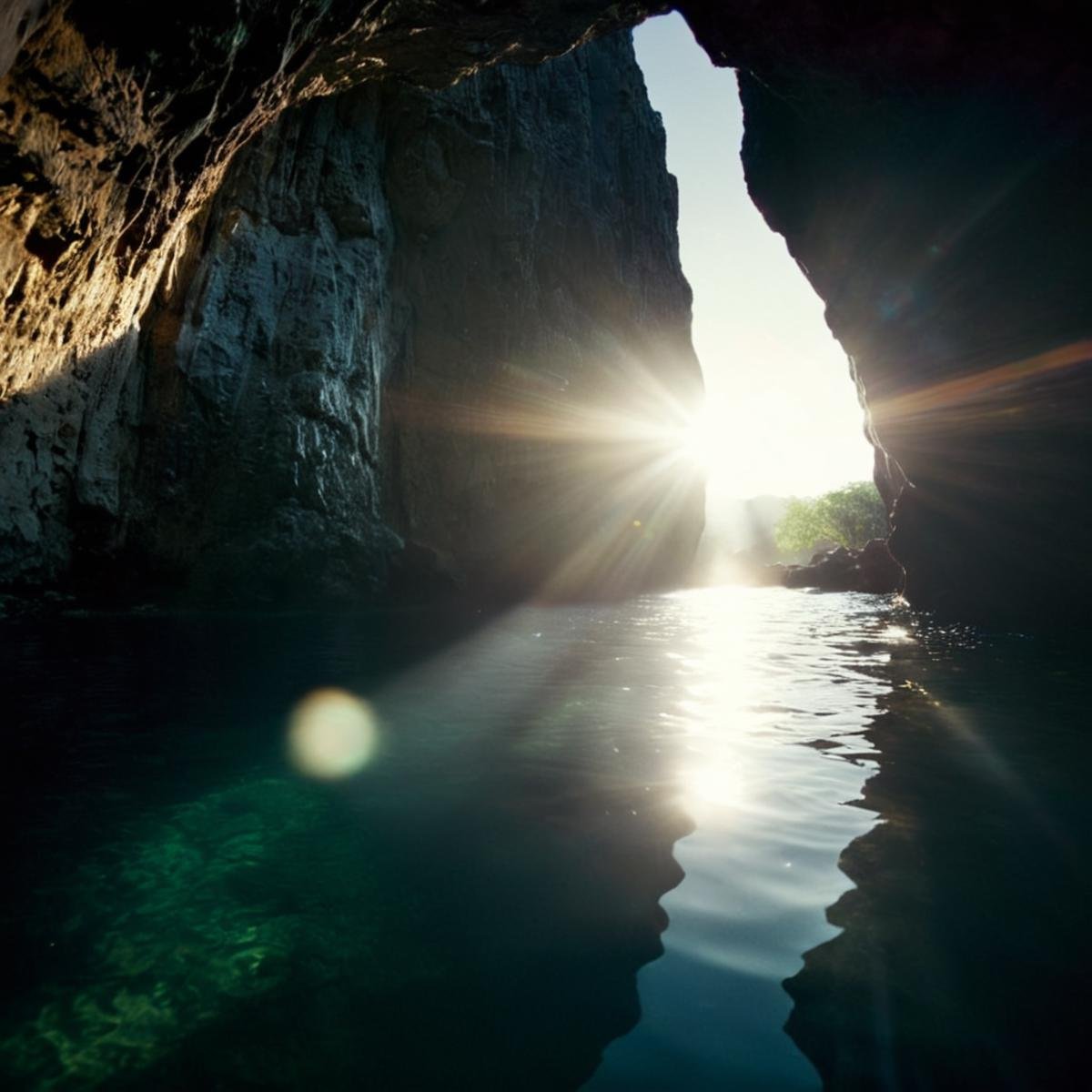 cinematic film still of 1 lens flare reflection a cave with sunlight shining through the water,  outdoors,  no humans by E...