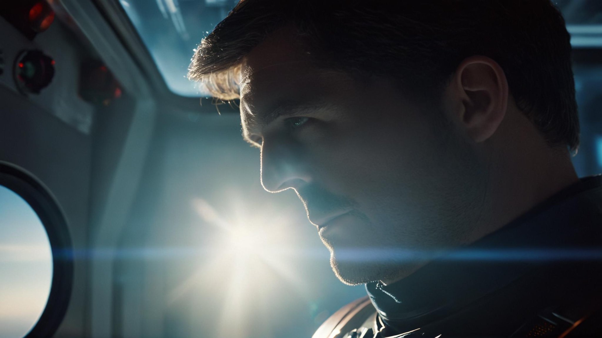 cinematic film still of 1 Anamorphic lens flare reflection a man in a spaceship looking out of a window,  no humans,  scen...