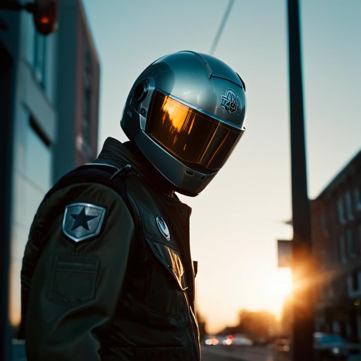 cinematic film still of 1 lens flare reflection a man in a helmet and jacket standing in front of a street light,  solo,...