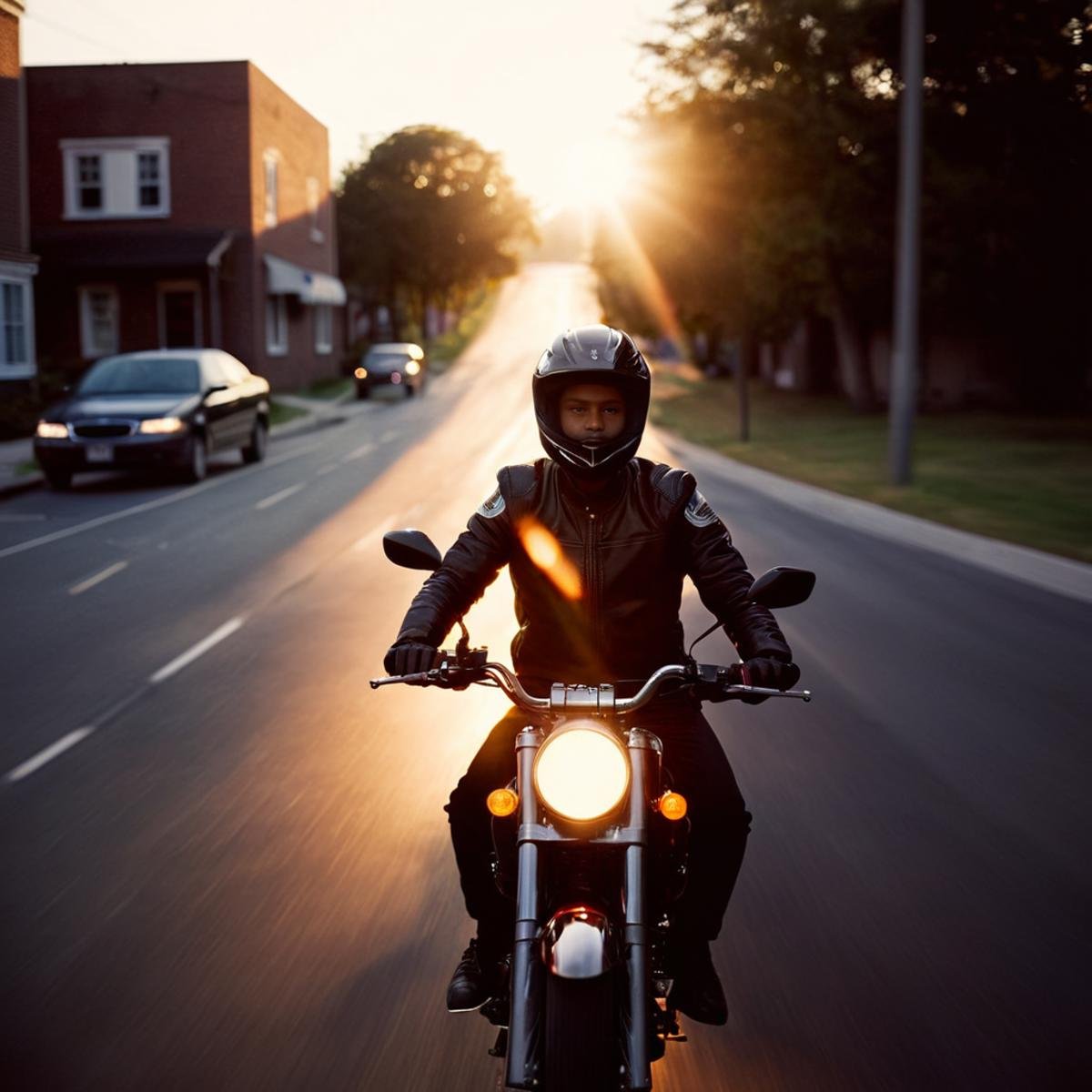 cinematic film still of 1 lens flare reflection a blurry photo of a person riding a bike,  holding,  jacket by EauDeNoire...