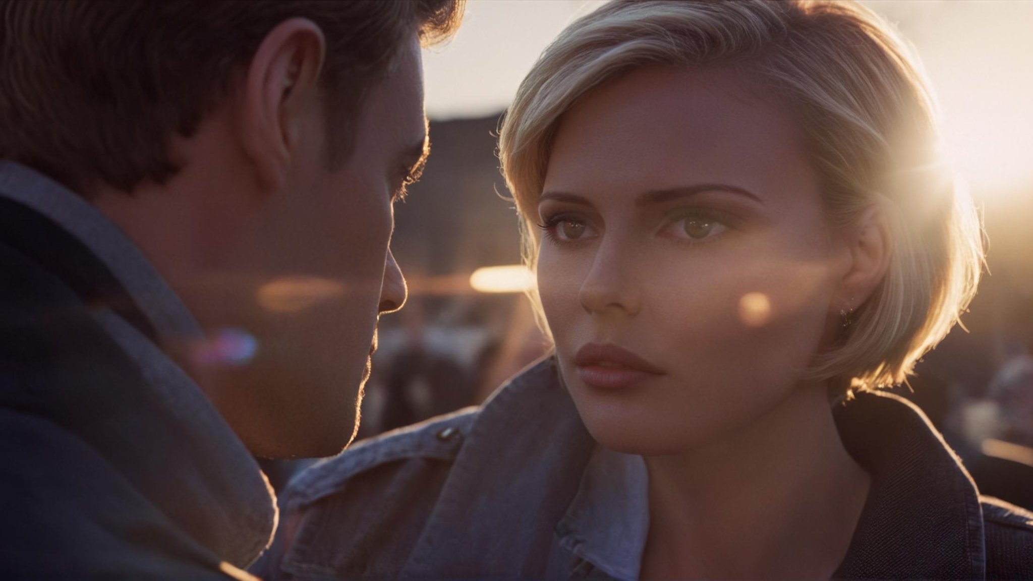 cinematic film still of 1 Anamorphic lens flare reflection a man is looking at a woman's face,  solo,  short hair by EauDe...