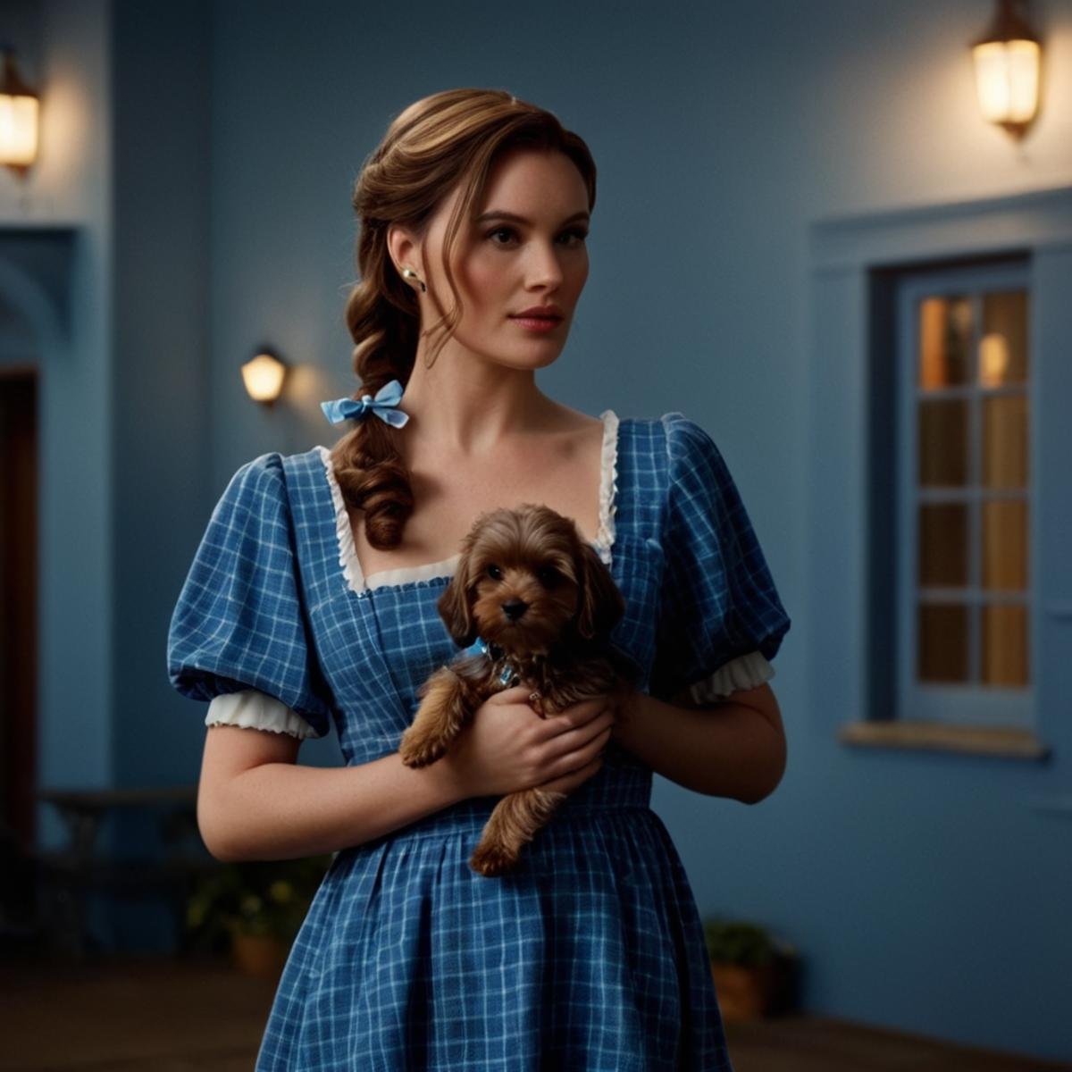 cinematic film still of 1 realism perfect Chiaroscuro Lighting Style In a fantasy world Dorothy Gale a milf woman in a blu...