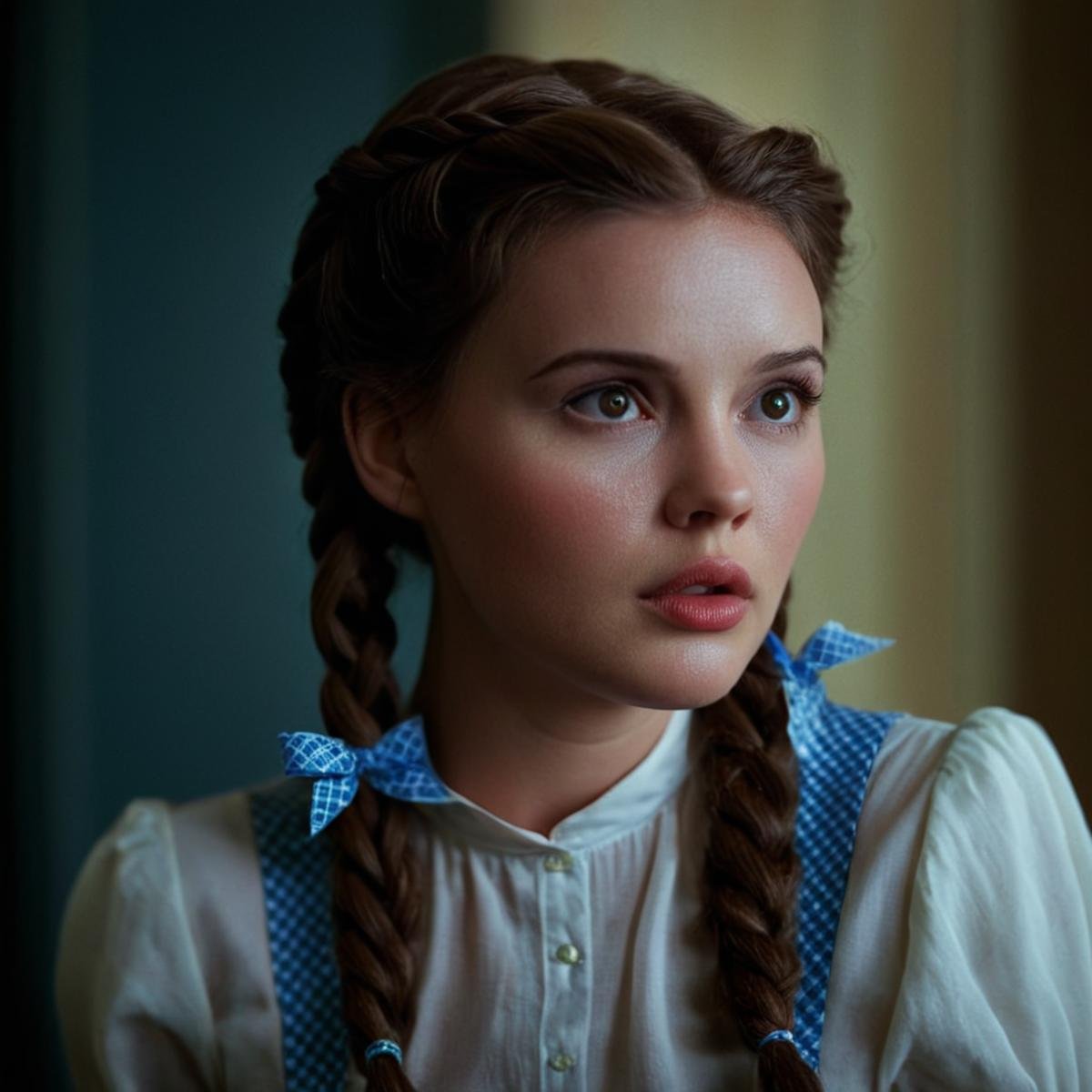 cinematic film still of 1 realism perfect Chiaroscuro Lighting Style In a fantasy world Dorothy Gale a surprised young wom...