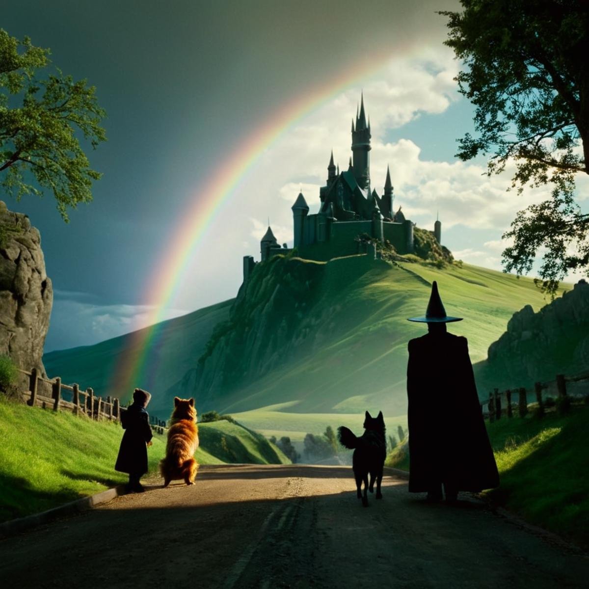 cinematic film still of 1 realism perfect Chiaroscuro Lighting Style In a fantasy world a wizard and his wizard dog in fro...