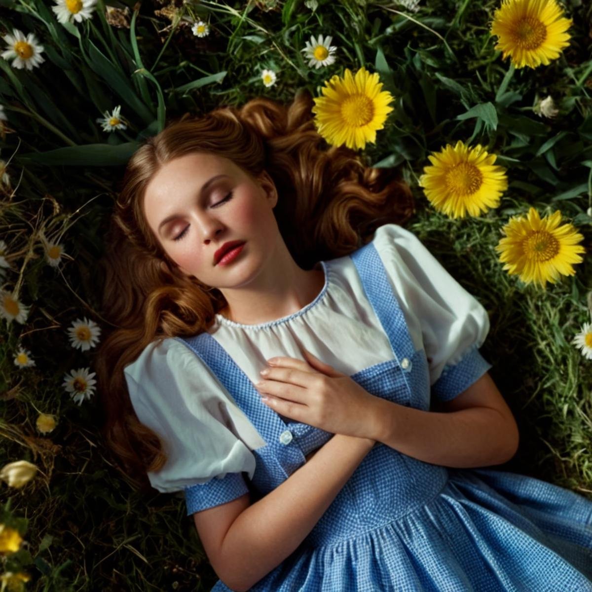 cinematic film still of 1 realism perfect Chiaroscuro Lighting Style High angle from above In a fantasy world Dorothy Gale...