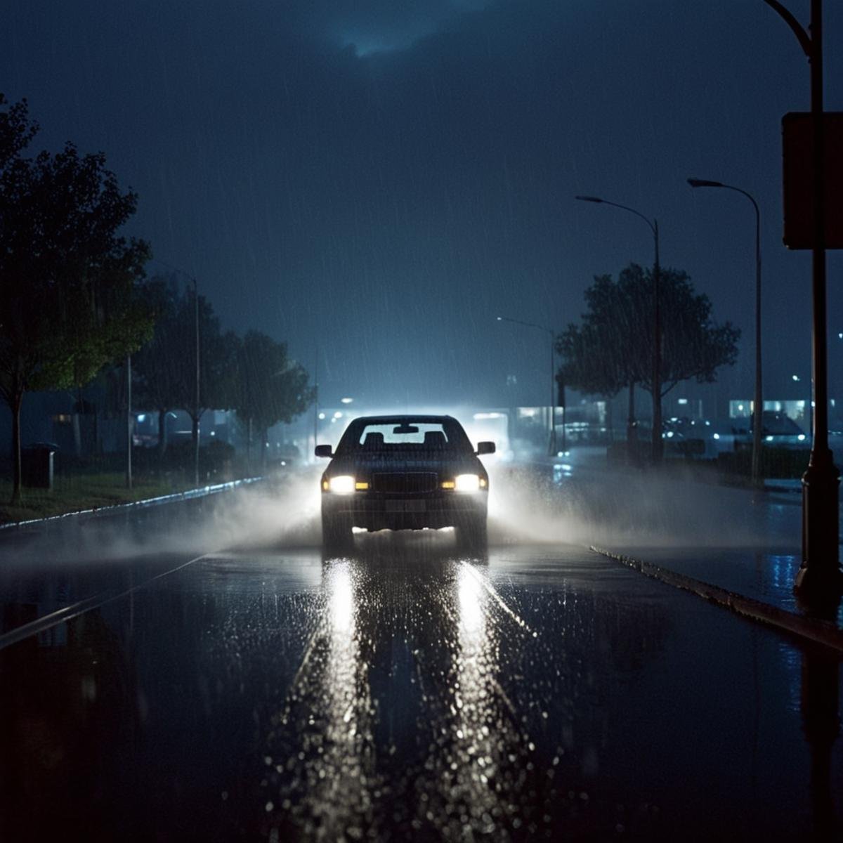 cinematic film still of 1 realism Chiaroscuro Lighting Style Anamorphic lens flare reflection a car driving through a rain...