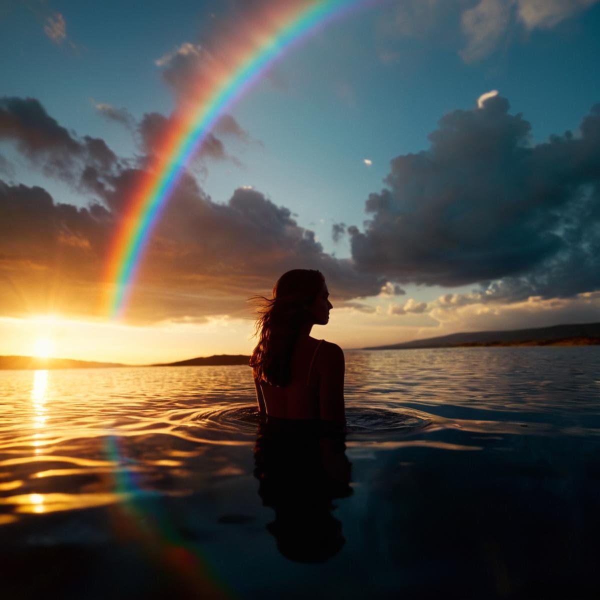 cinematic film still of 1 realism Chiaroscuro Lighting Style warm lens flare reflection a person in a body of water with a...