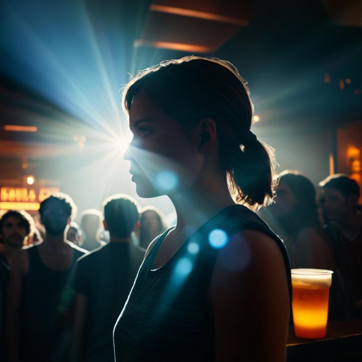 cinematic film still of 1 realism Chiaroscuro Lighting Style Anamorphic lens flare reflection a woman standing in front of...