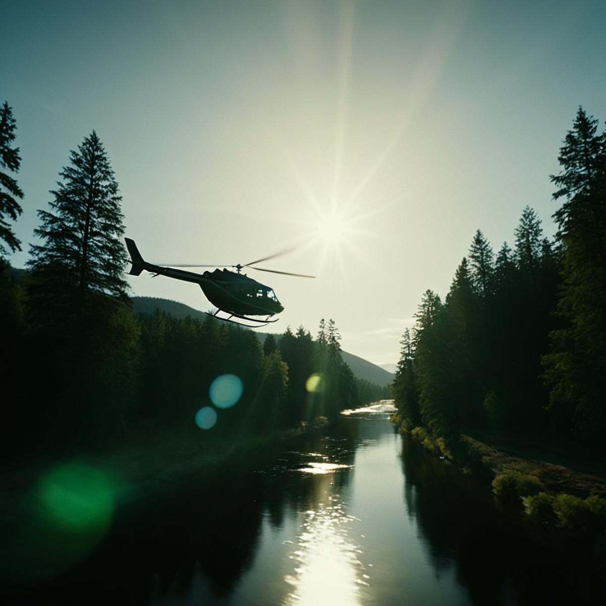 cinematic film still of 1 realism Chiaroscuro Lighting Style action chase scene lens flare reflection a helicopter flying...