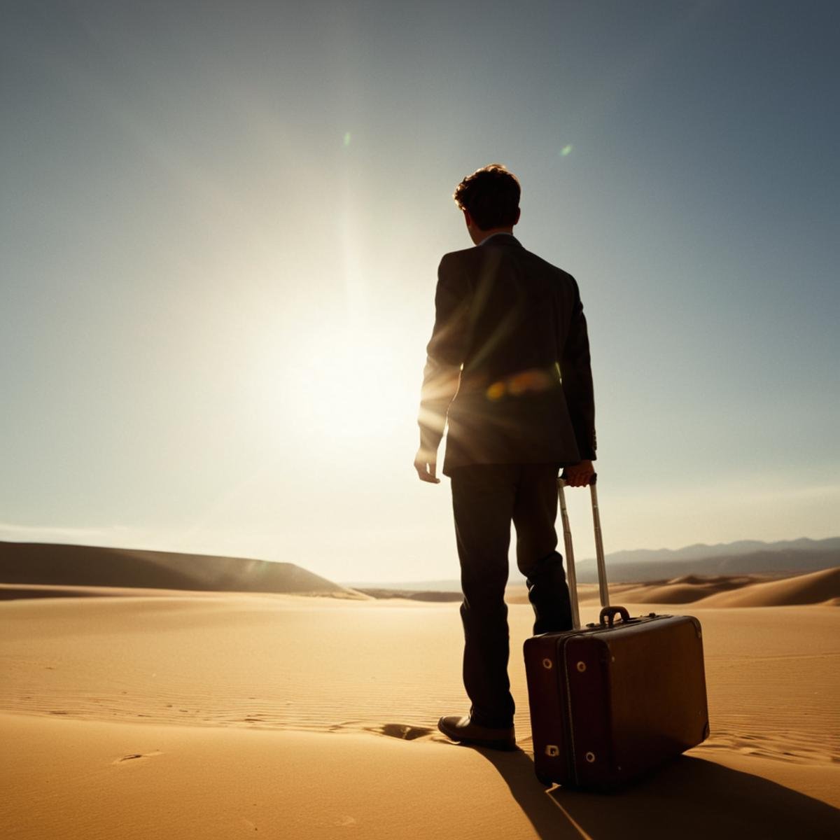 cinematic film still of 1 realism Chiaroscuro Lighting Style spherical desert lens flare reflection a man standing in the...