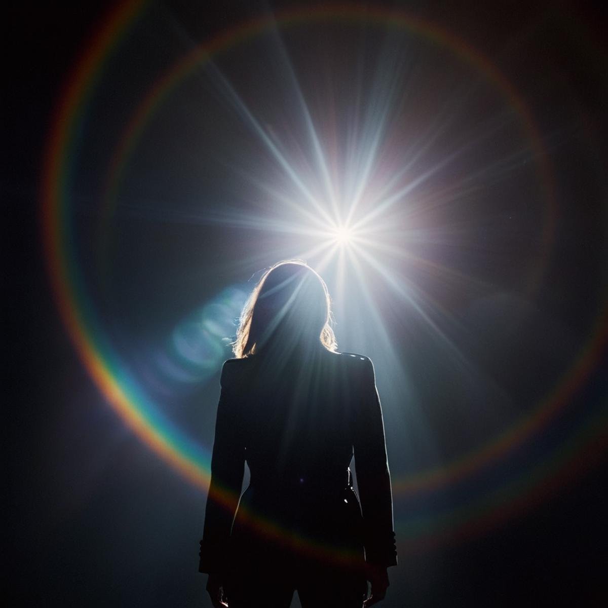 cinematic film still of 1 realism Chiaroscuro Lighting Style warm rainbow lens flare reflection a person standing in the d...