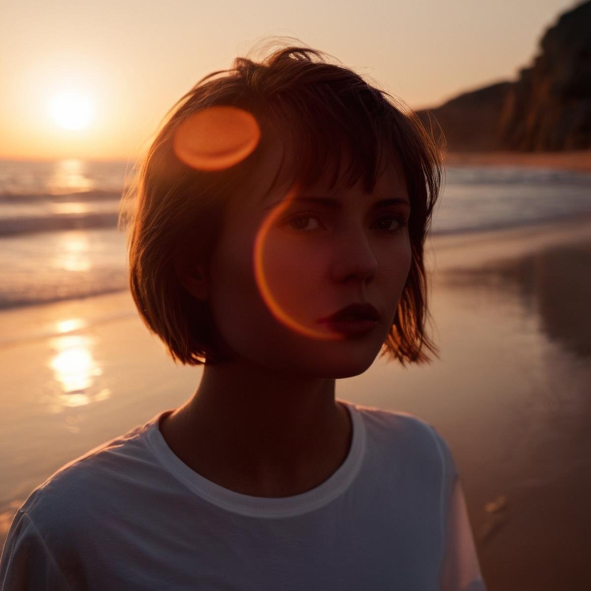 cinematic film still of 1 realism Chiaroscuro Lighting Style red orange sun lens flare reflection a woman standing on a be...